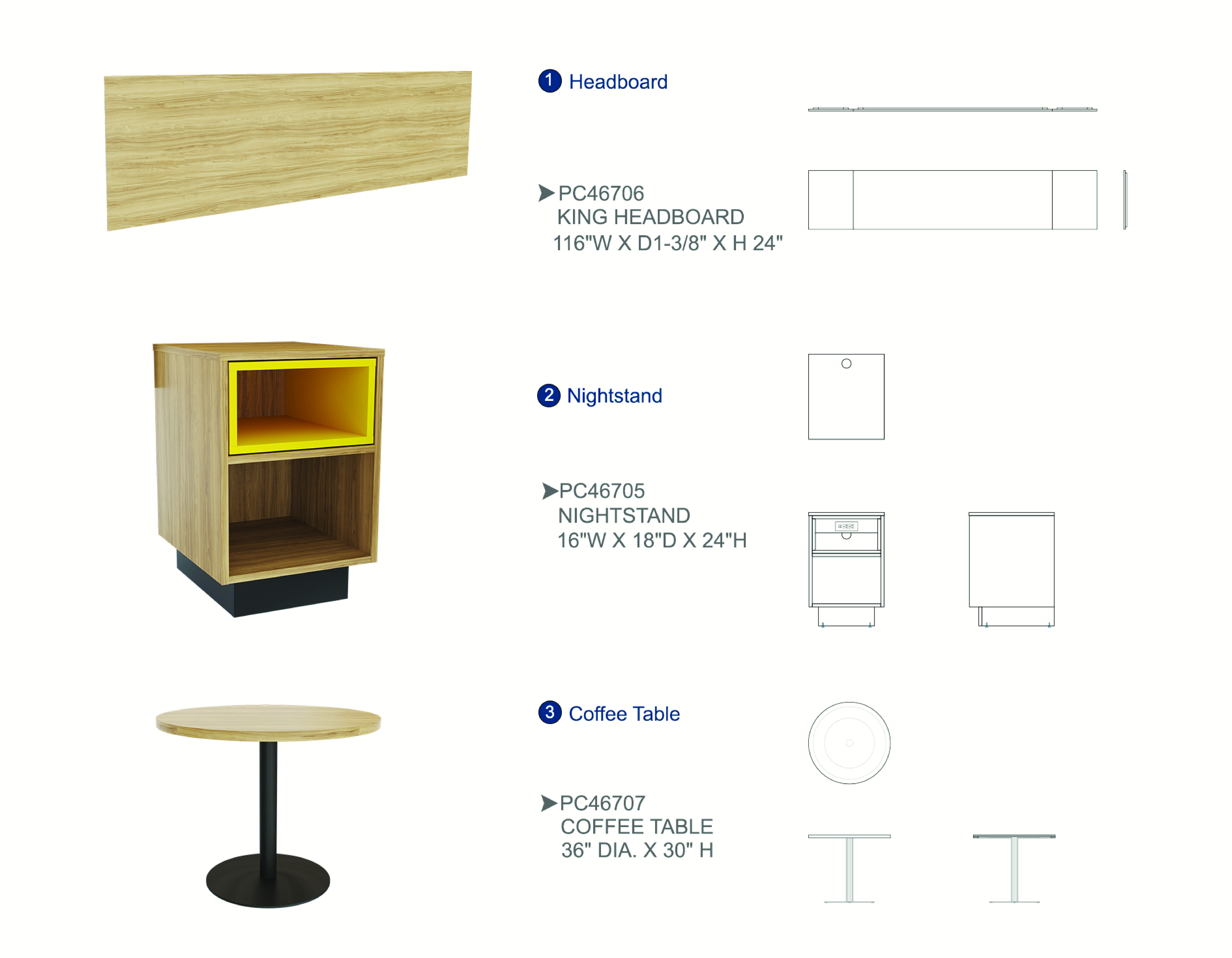 Furniture spec sheet: headboard, nightstand and coffee table