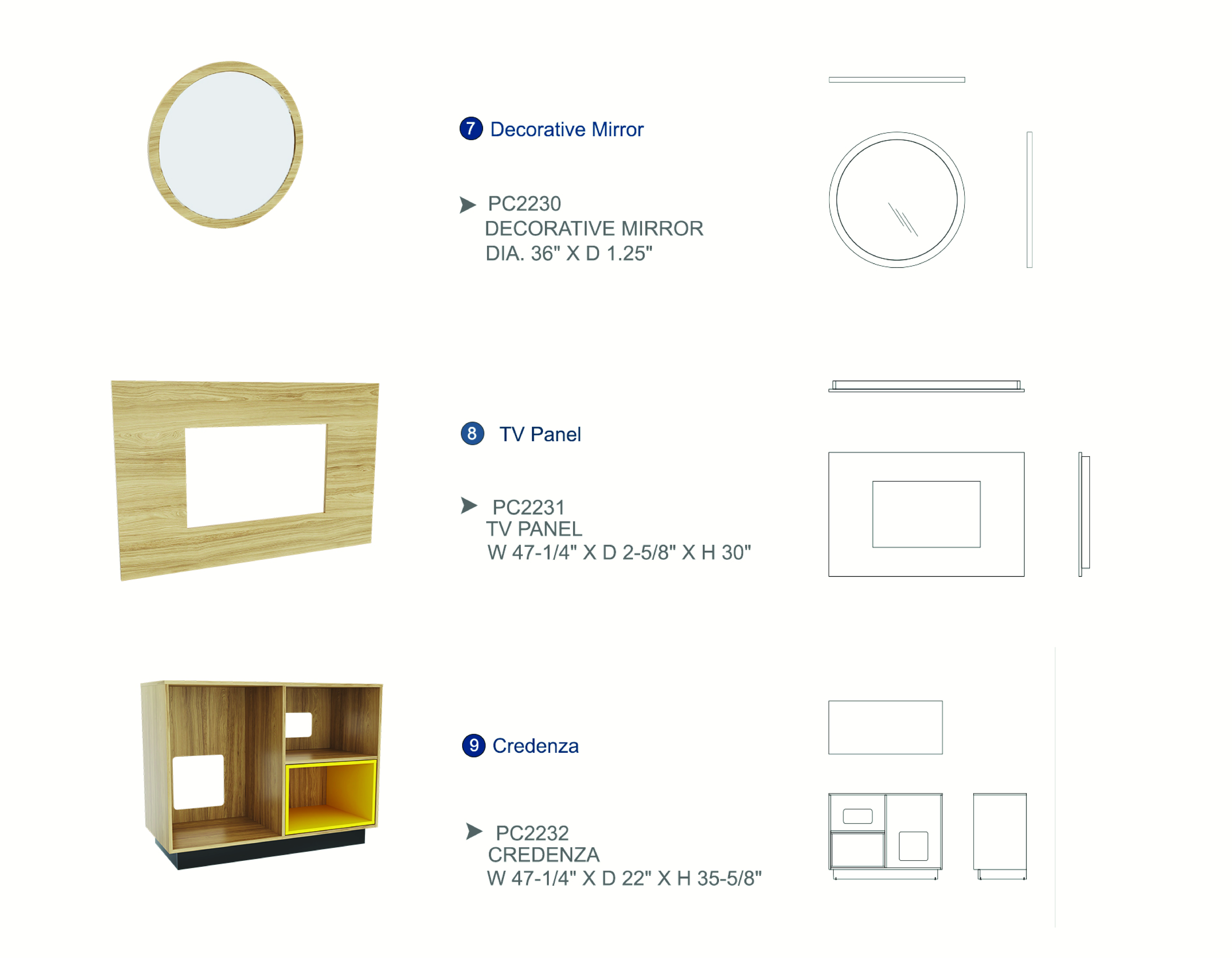 Furniture spec sheet: decorative mirror, TV panel and credenza