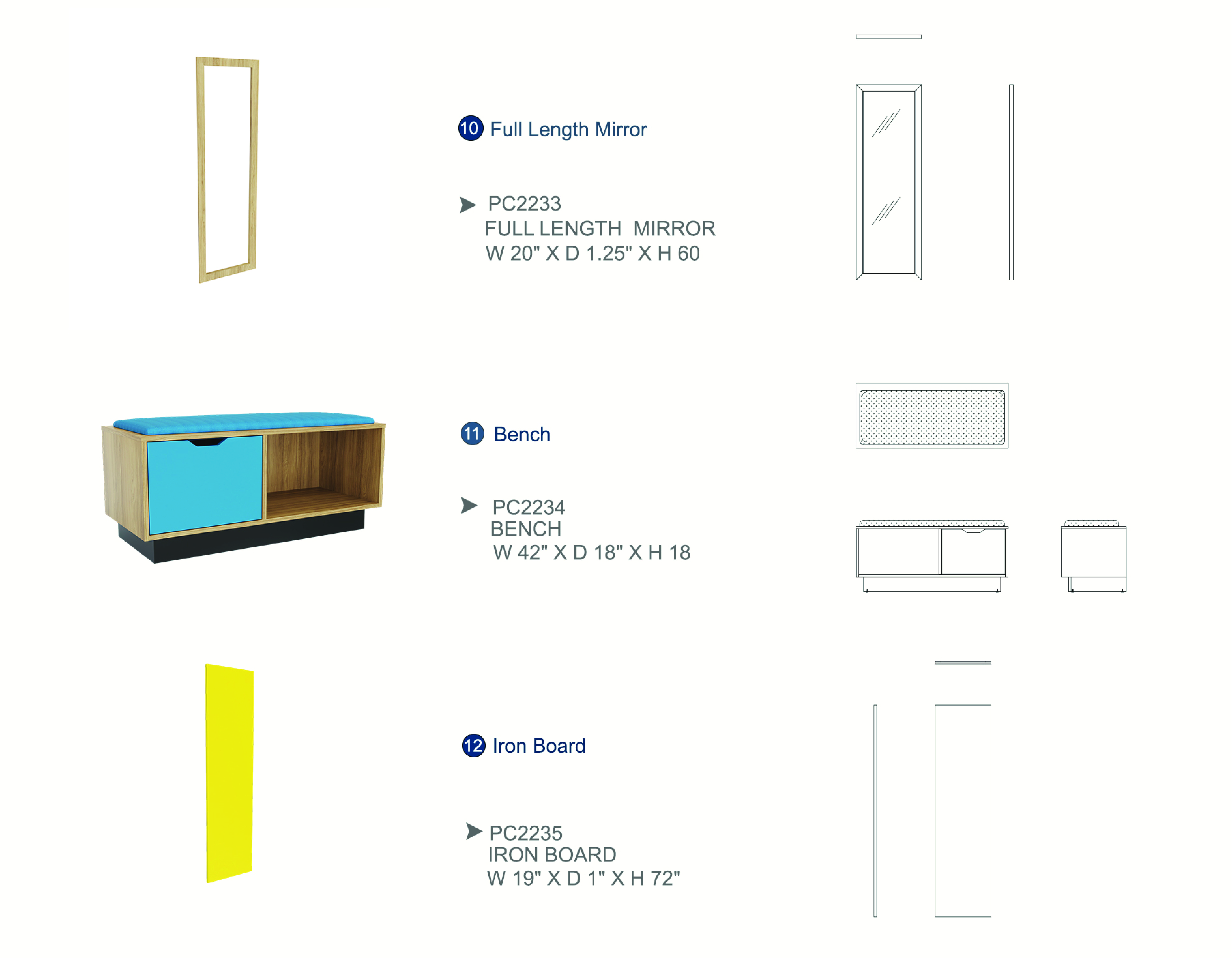 Furniture spec sheet: full length mirror, bench and iron board