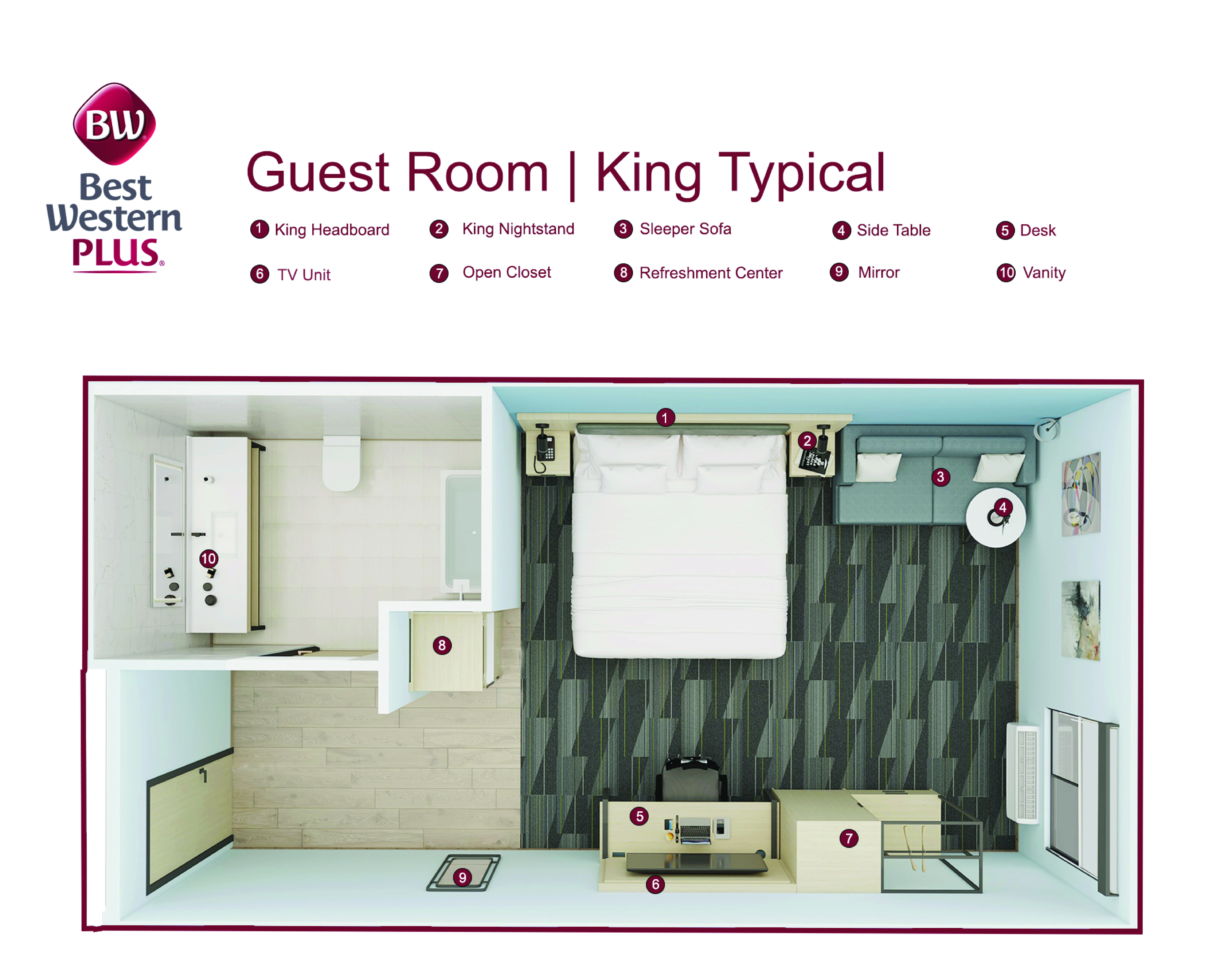 Guest room floor plan with numbered furniture legend