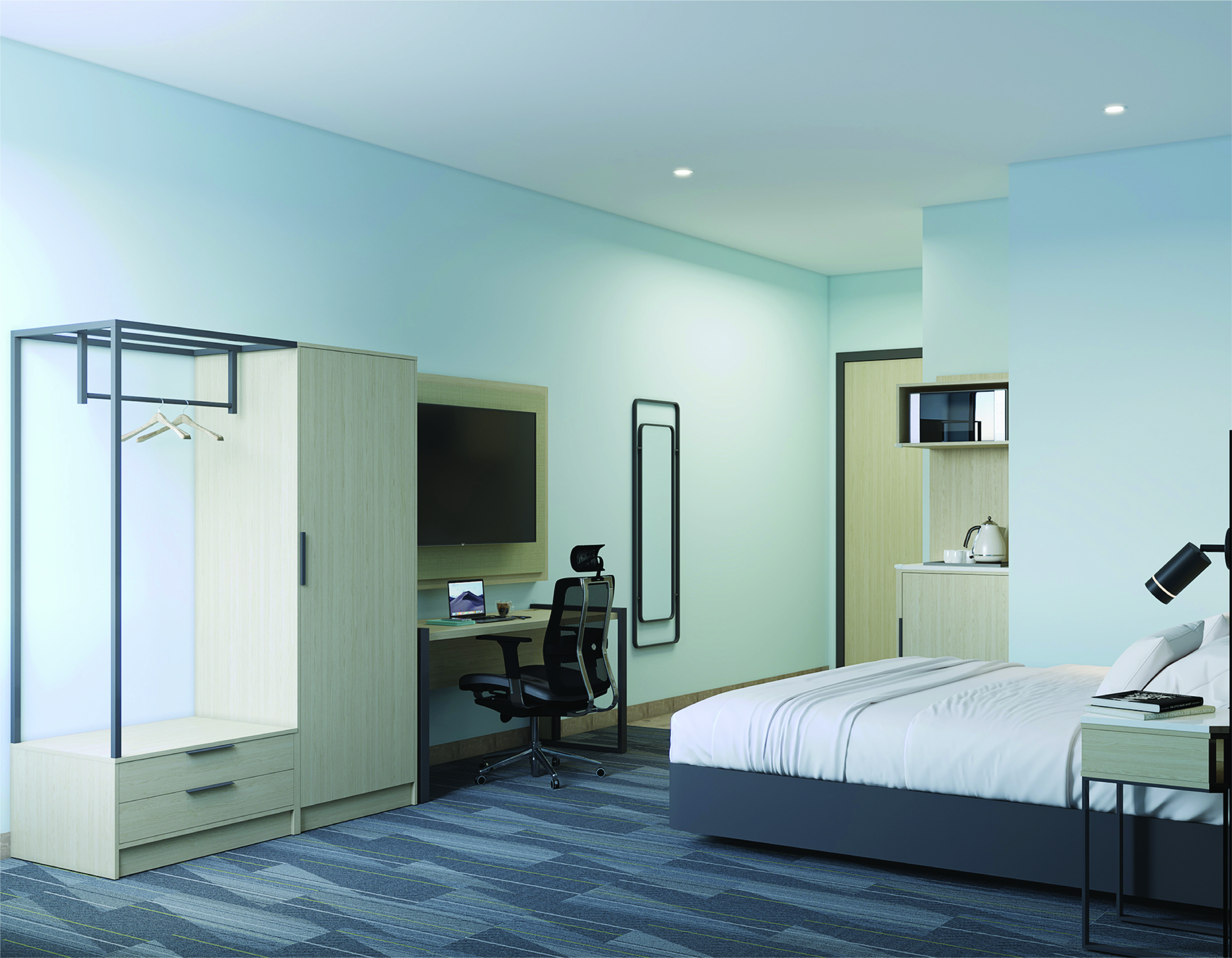 Guest room desk, wardrobe closet, TV panel and full length mirror