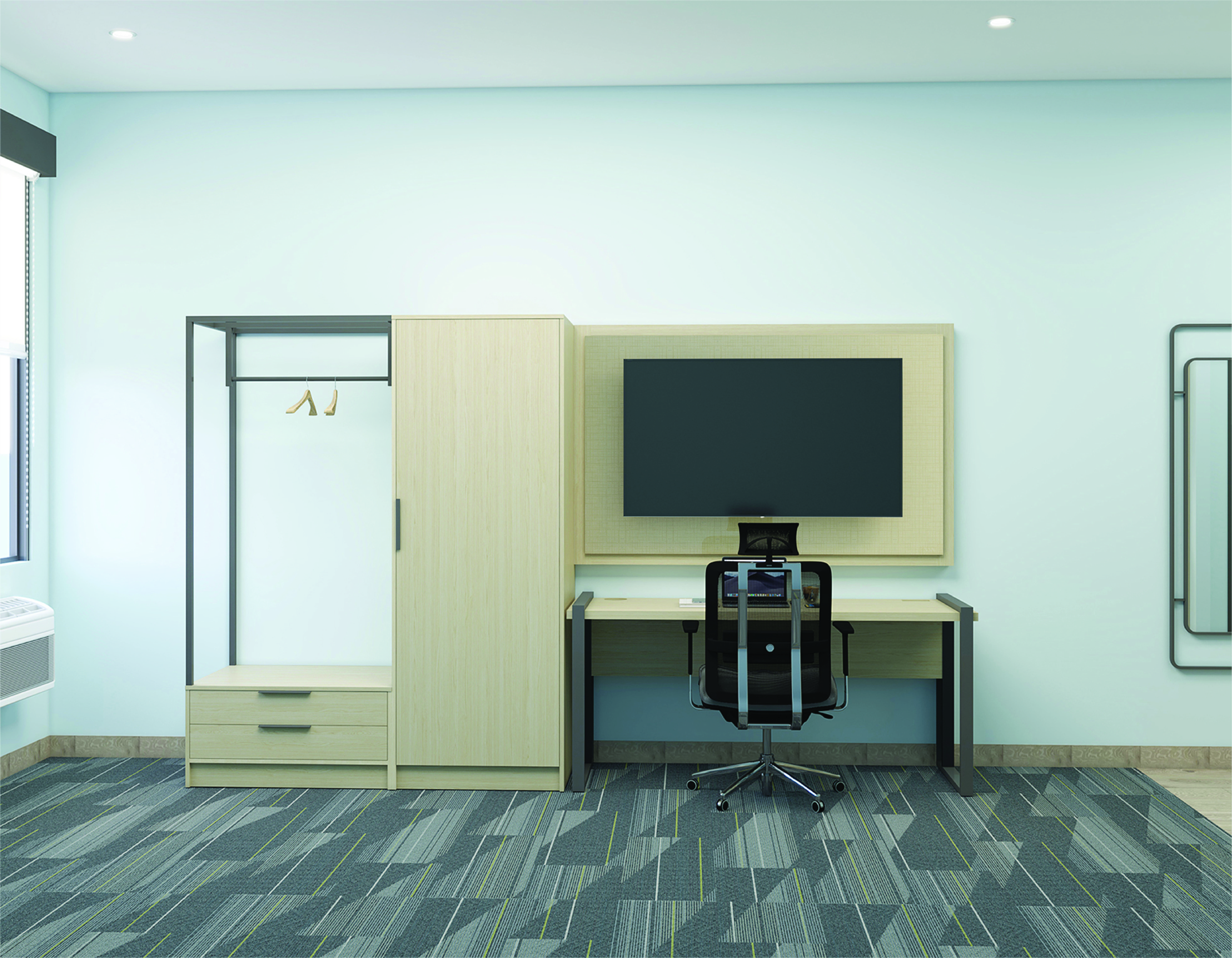 Guest room wardrobe closet and TV panel with desk and chair