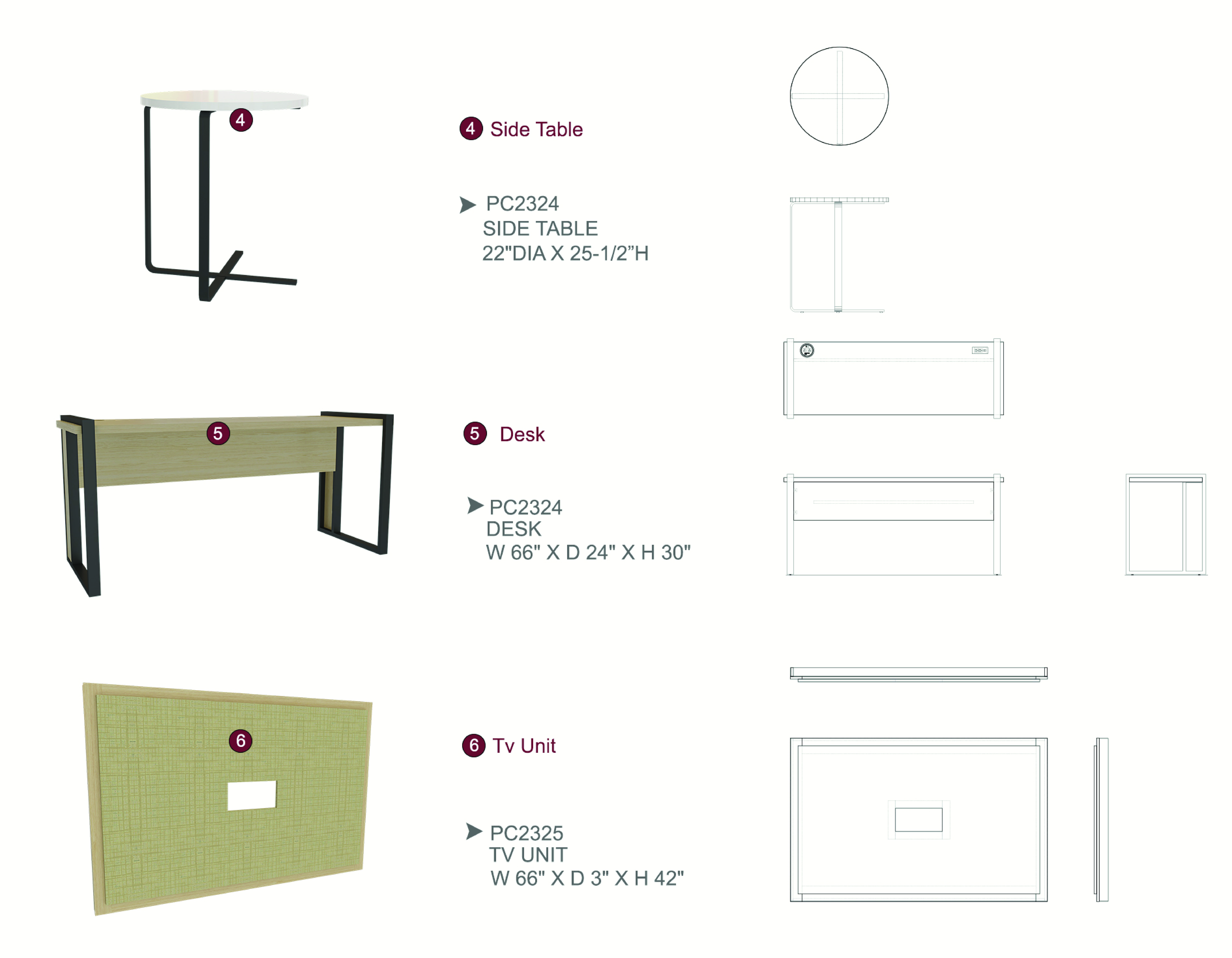 Furniture spec sheet: side table, desk and TV unit