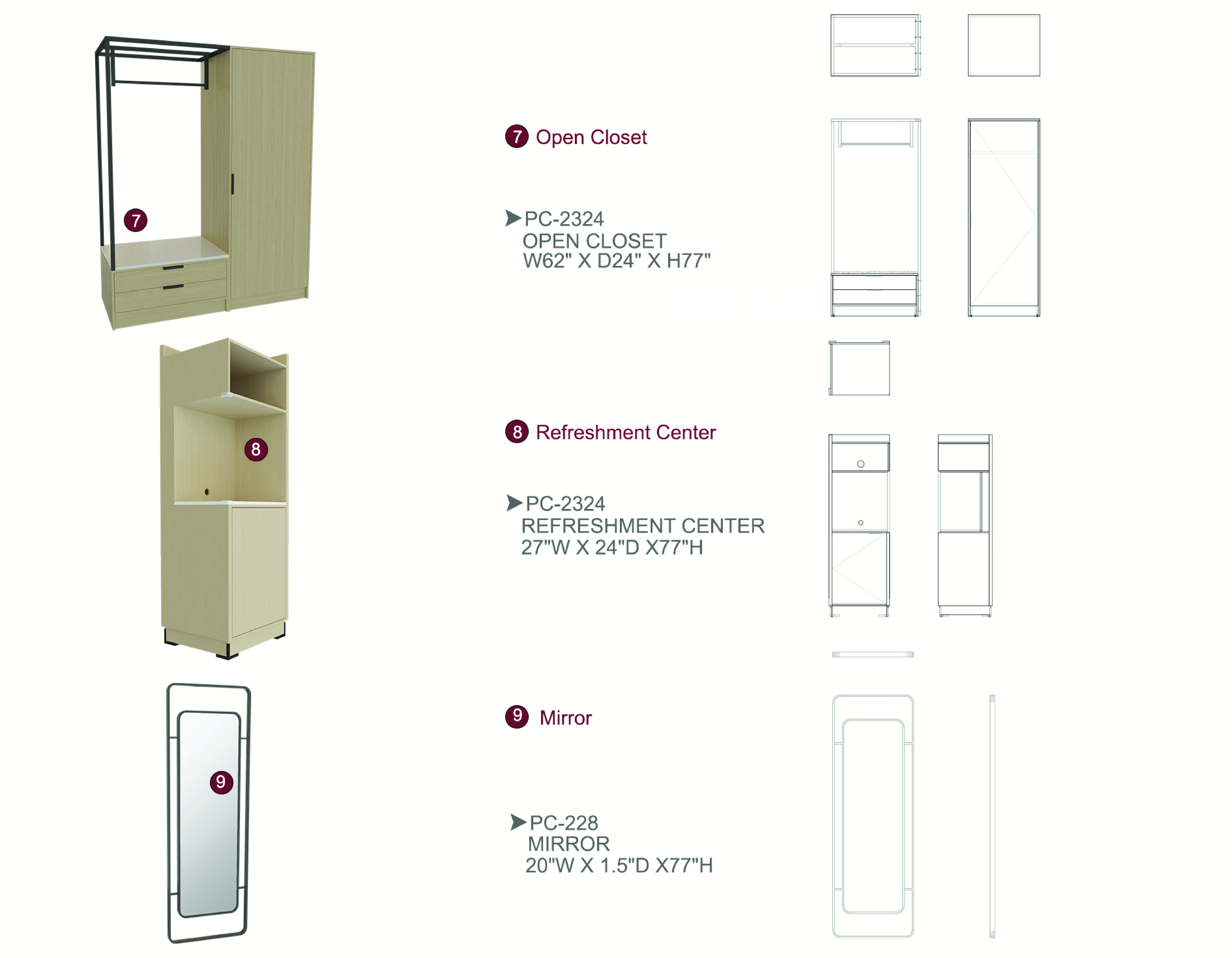 Furniture spec sheet: open closet, refreshment center and full length mirror