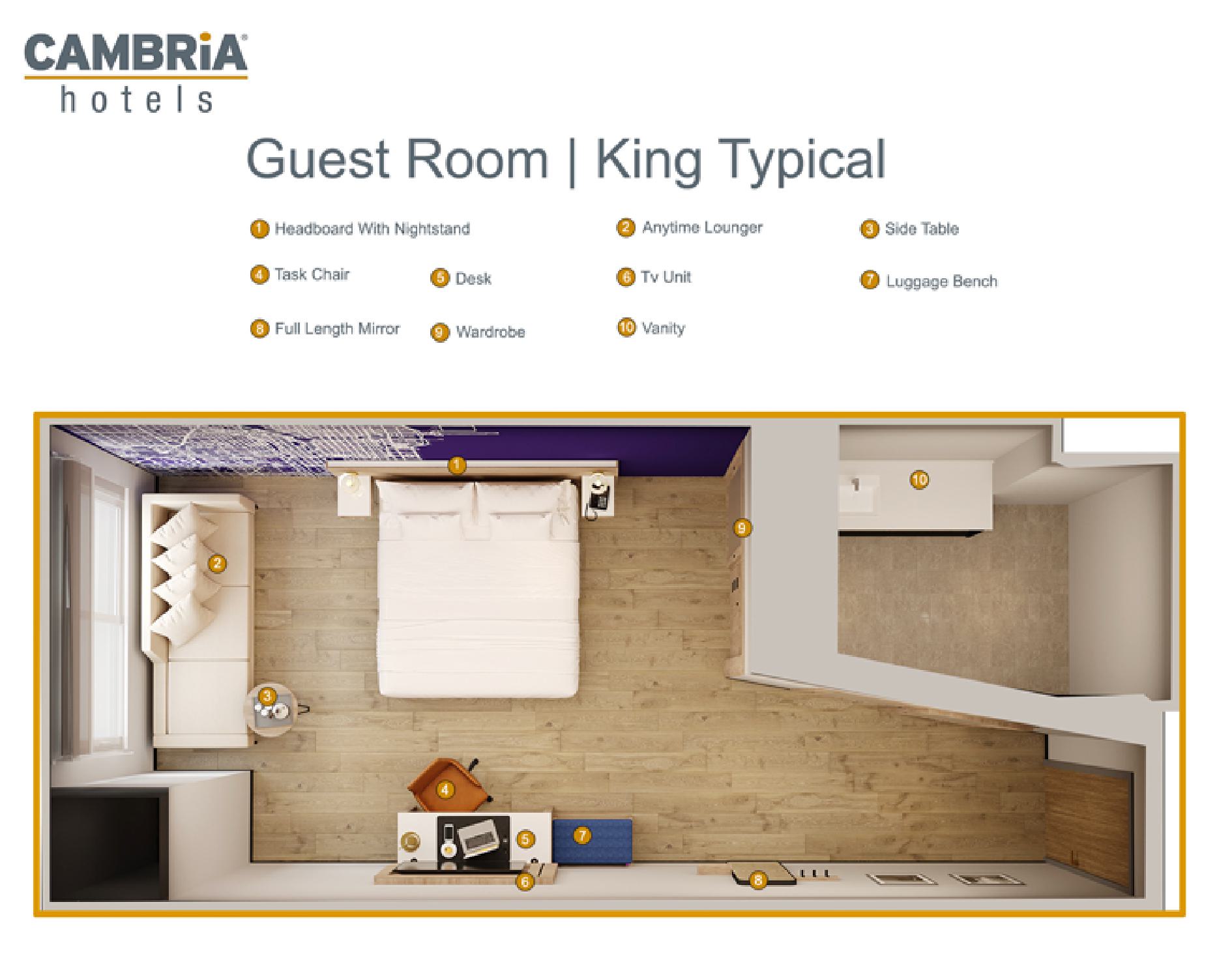 Guest room floor plan with numbered furniture legend
