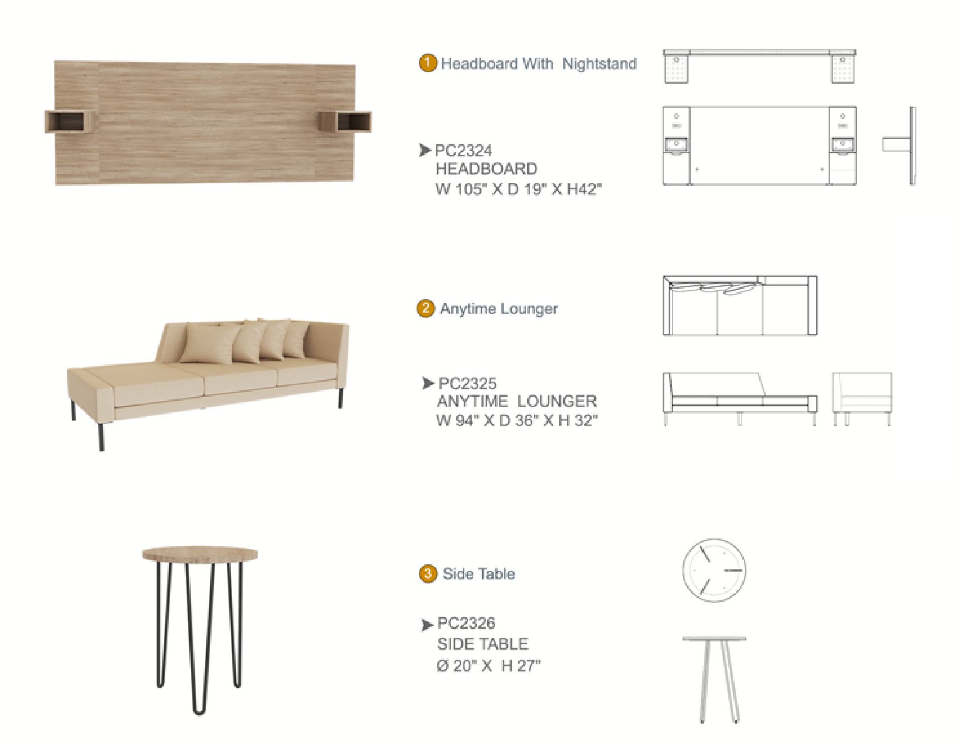 Furniture spec sheet: headboard with nightstand, anytime lounger and side table
