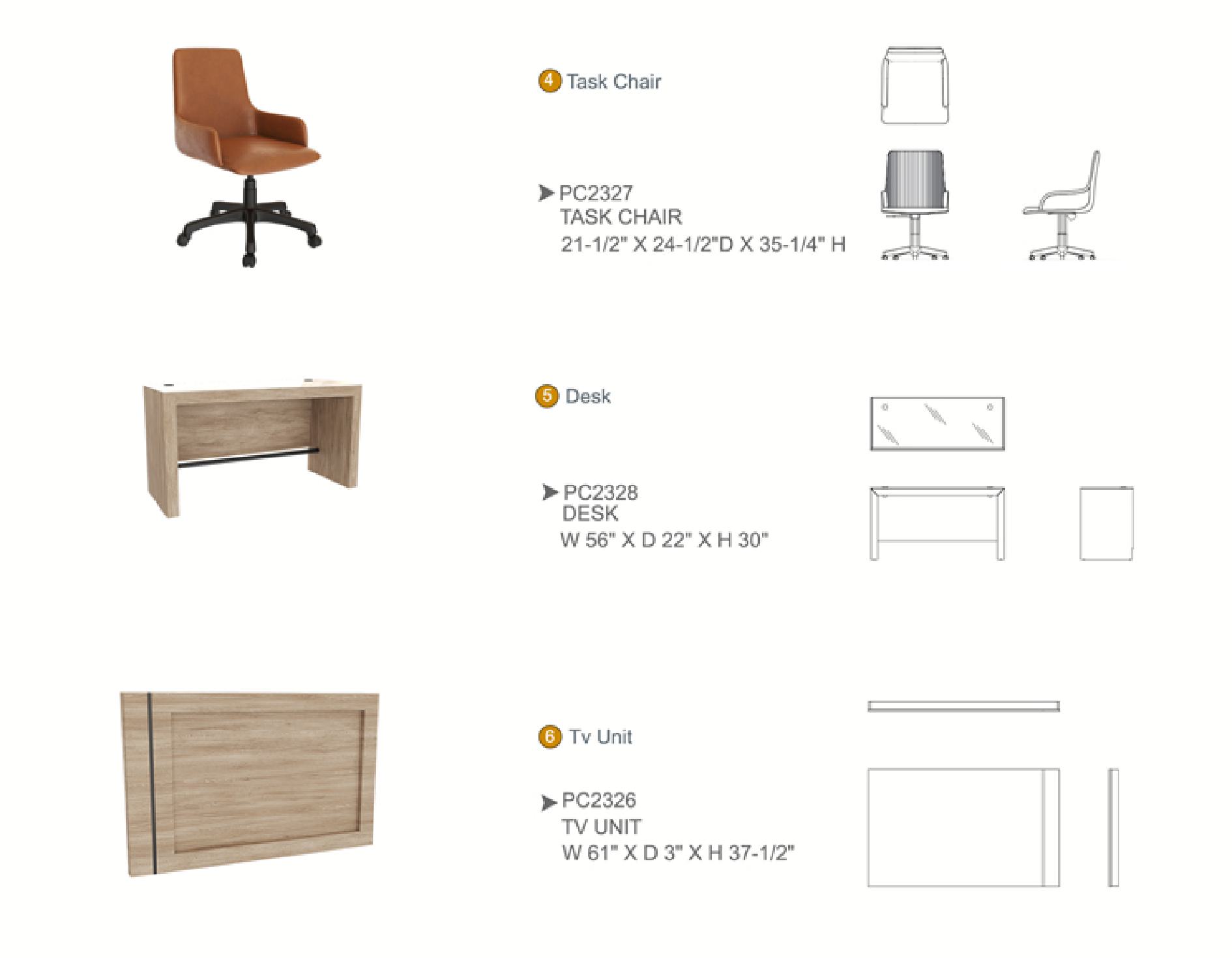 Furniture spec sheet: task chair, desk and TV unit