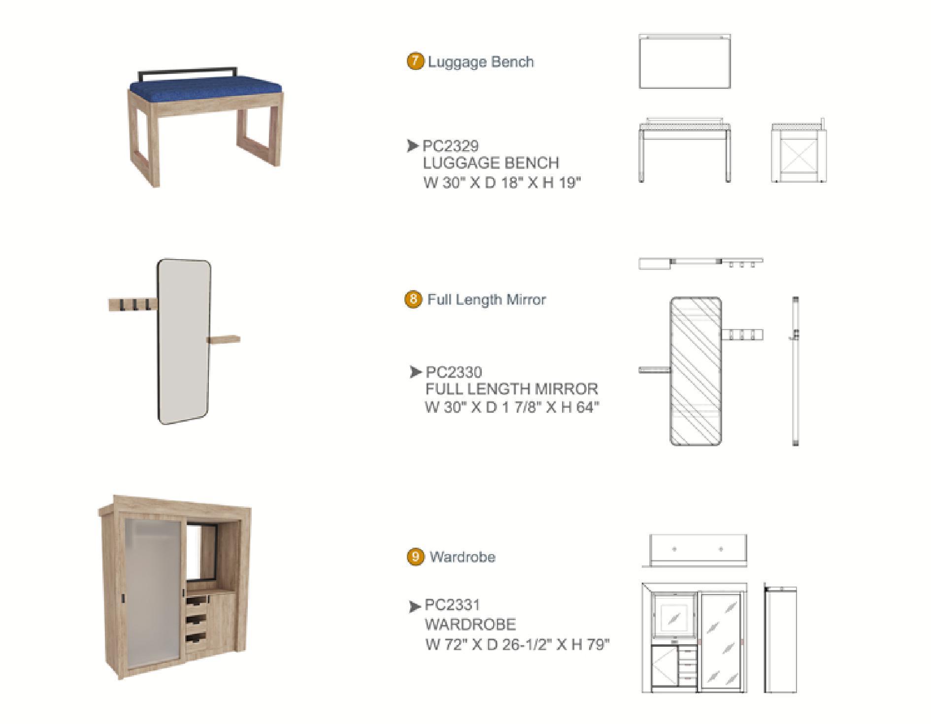Furniture spec sheet: luggage bench, full length mirror and wardrobe