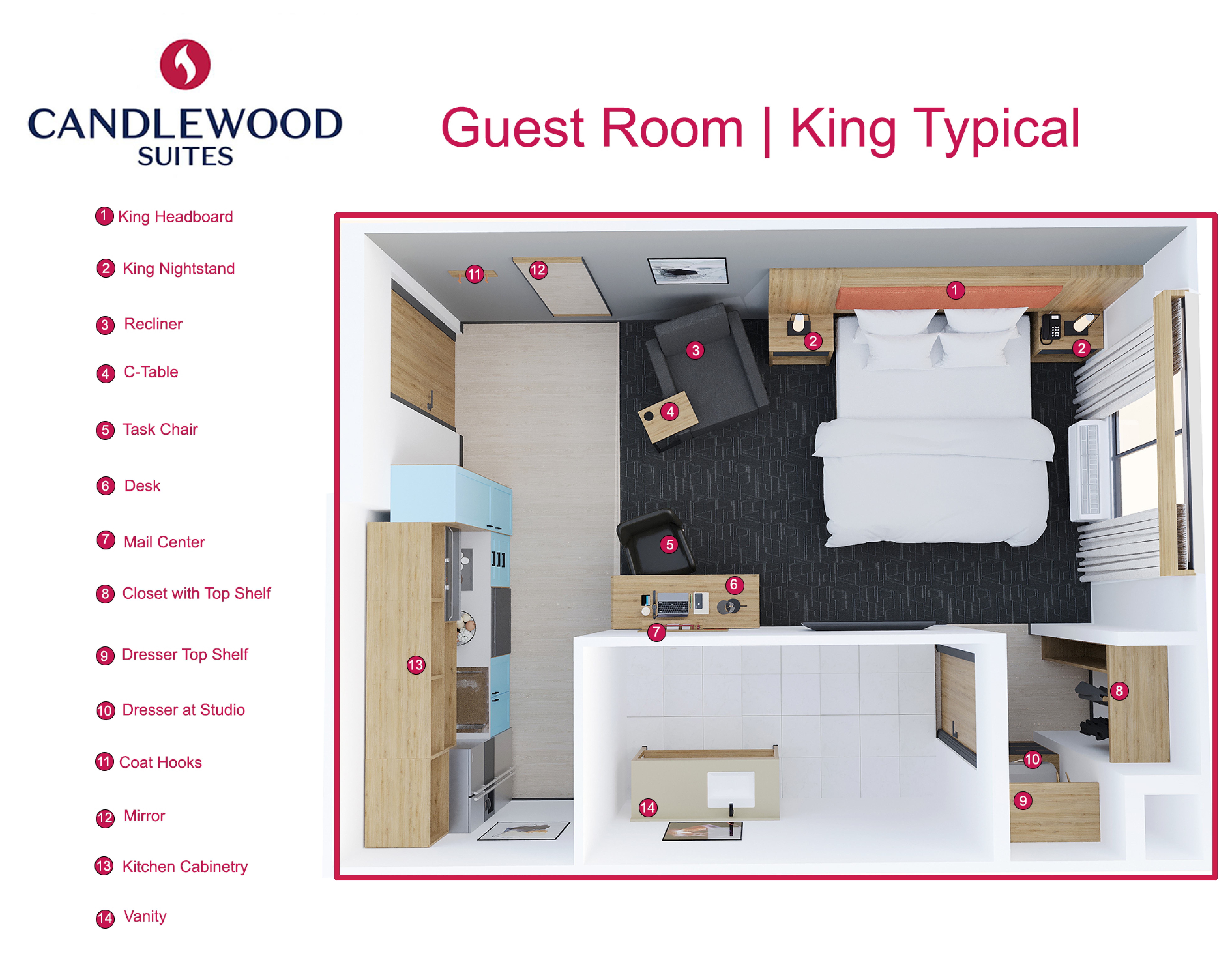 Guest room floor plan with numbered furniture legend