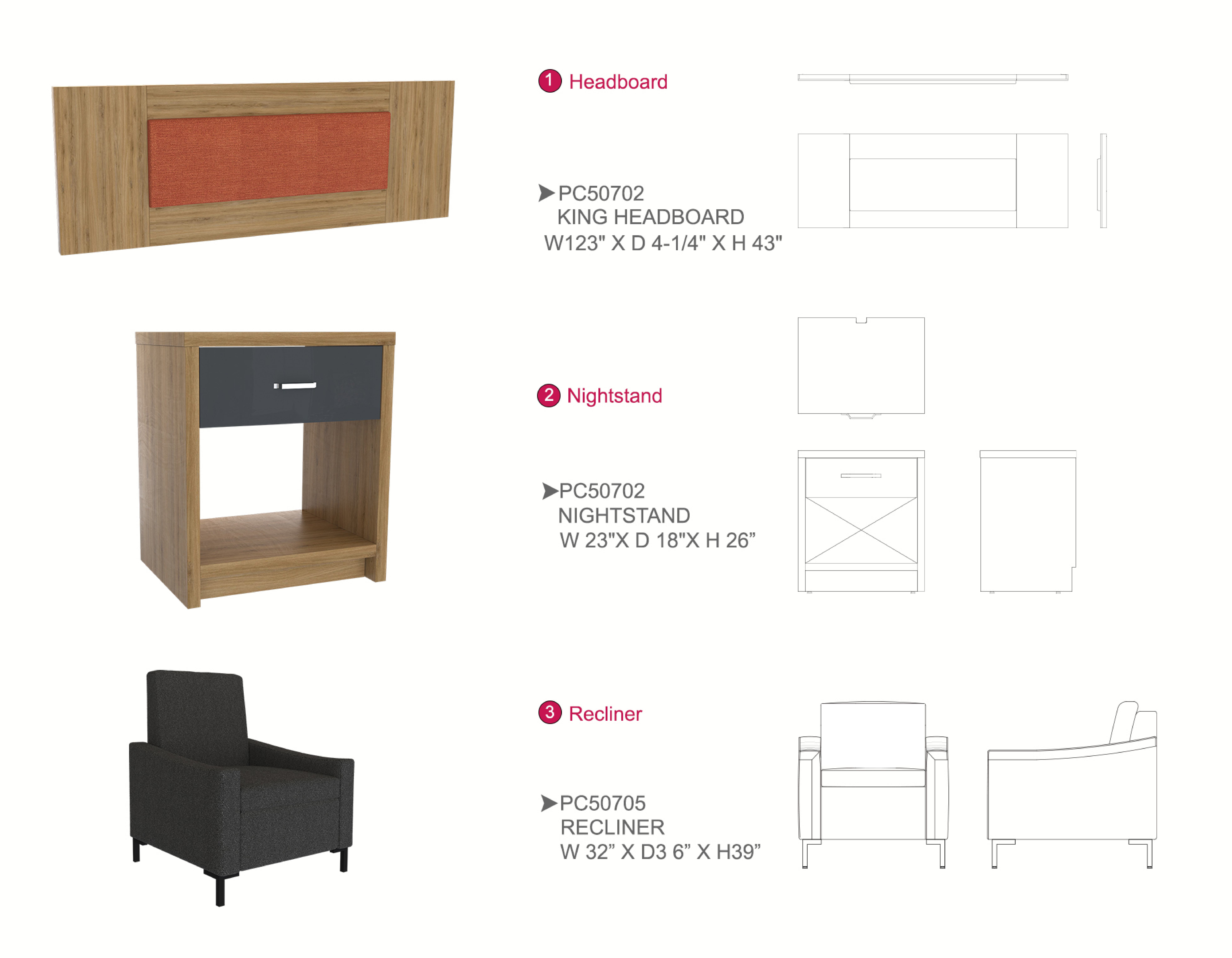 Furniture spec sheet: C-table, task chair and desk