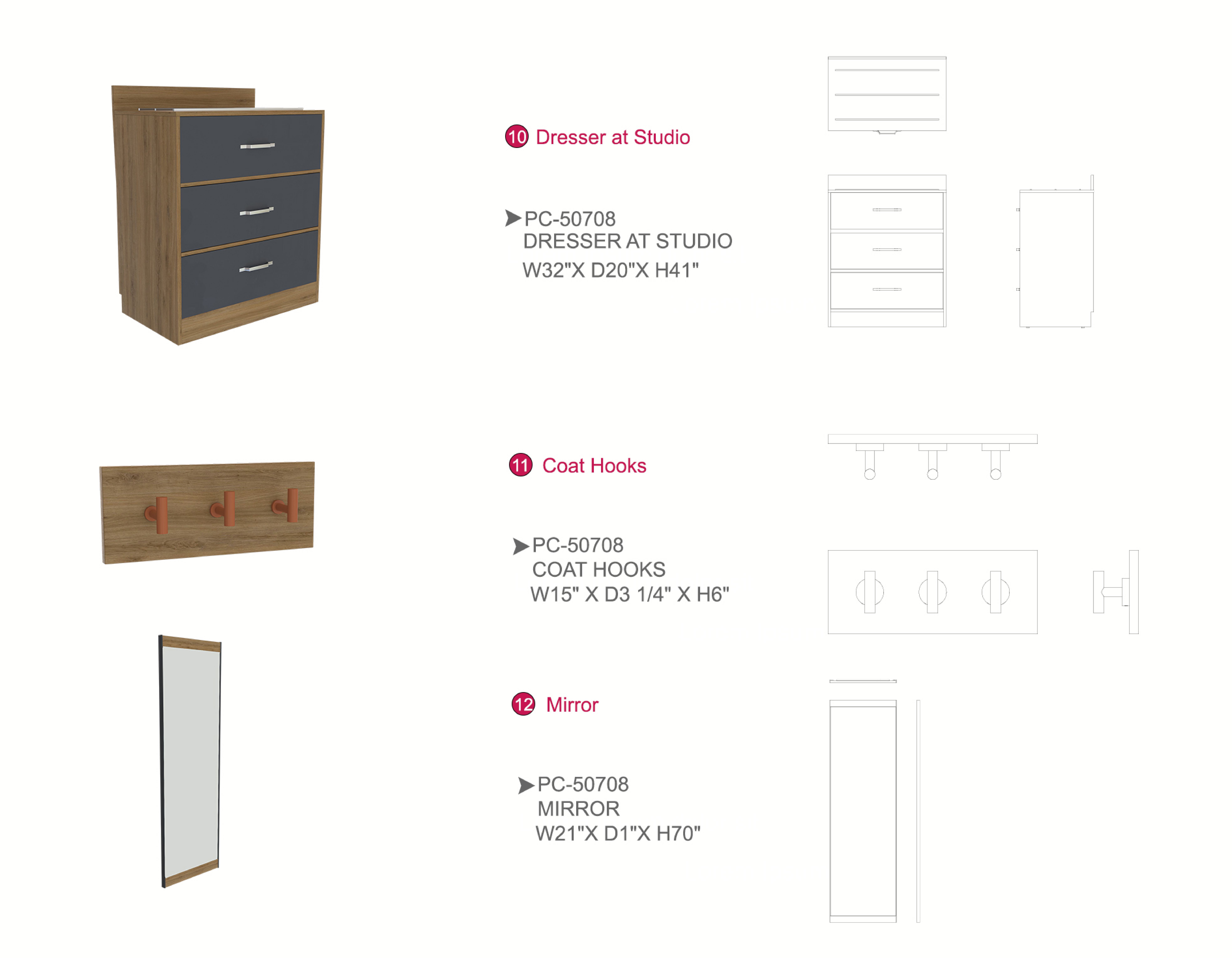 Furniture spec sheet: ottoman, upholstered luggage and full-height mirror