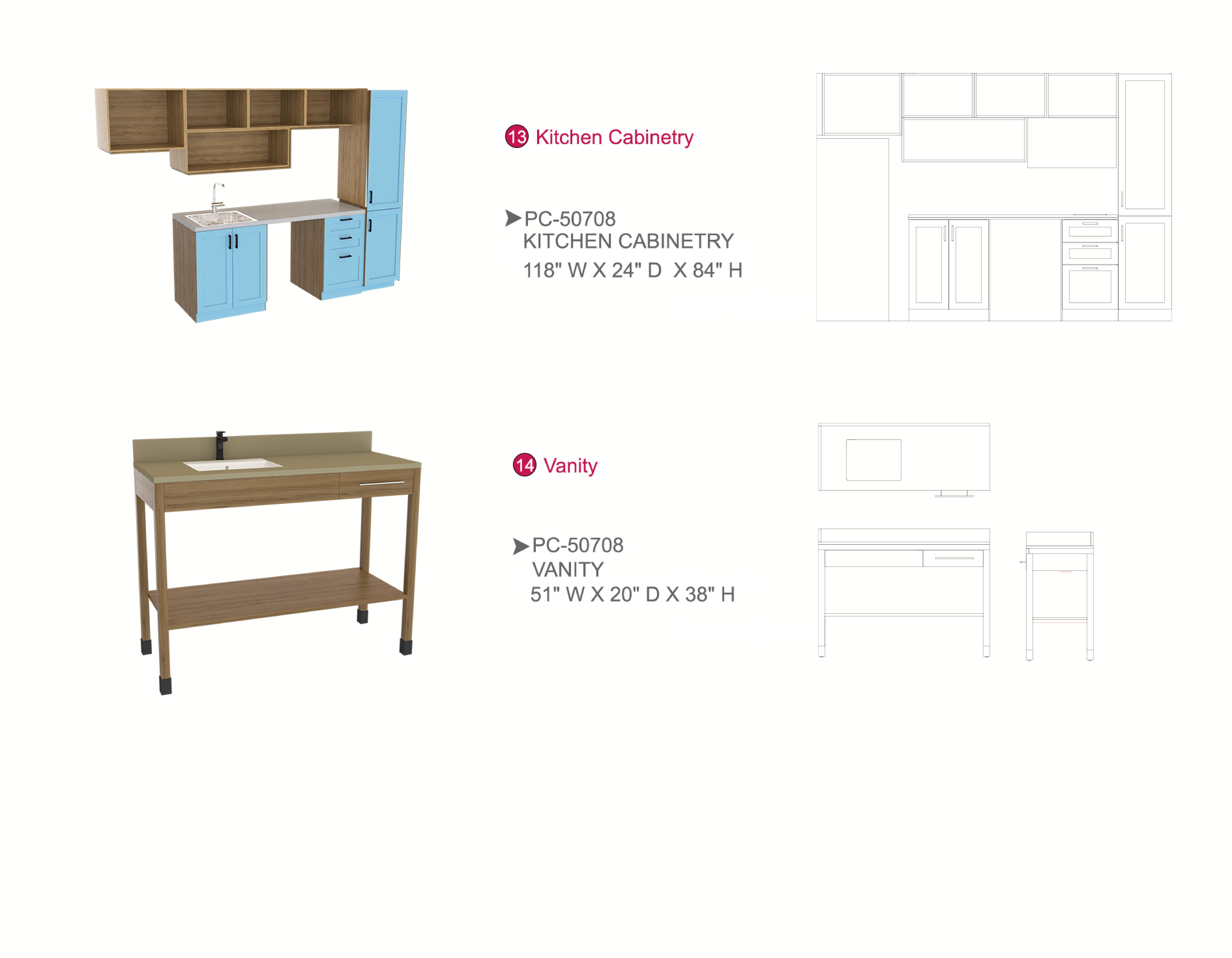 Furniture spec sheet: refrigerator cabinet and vanity