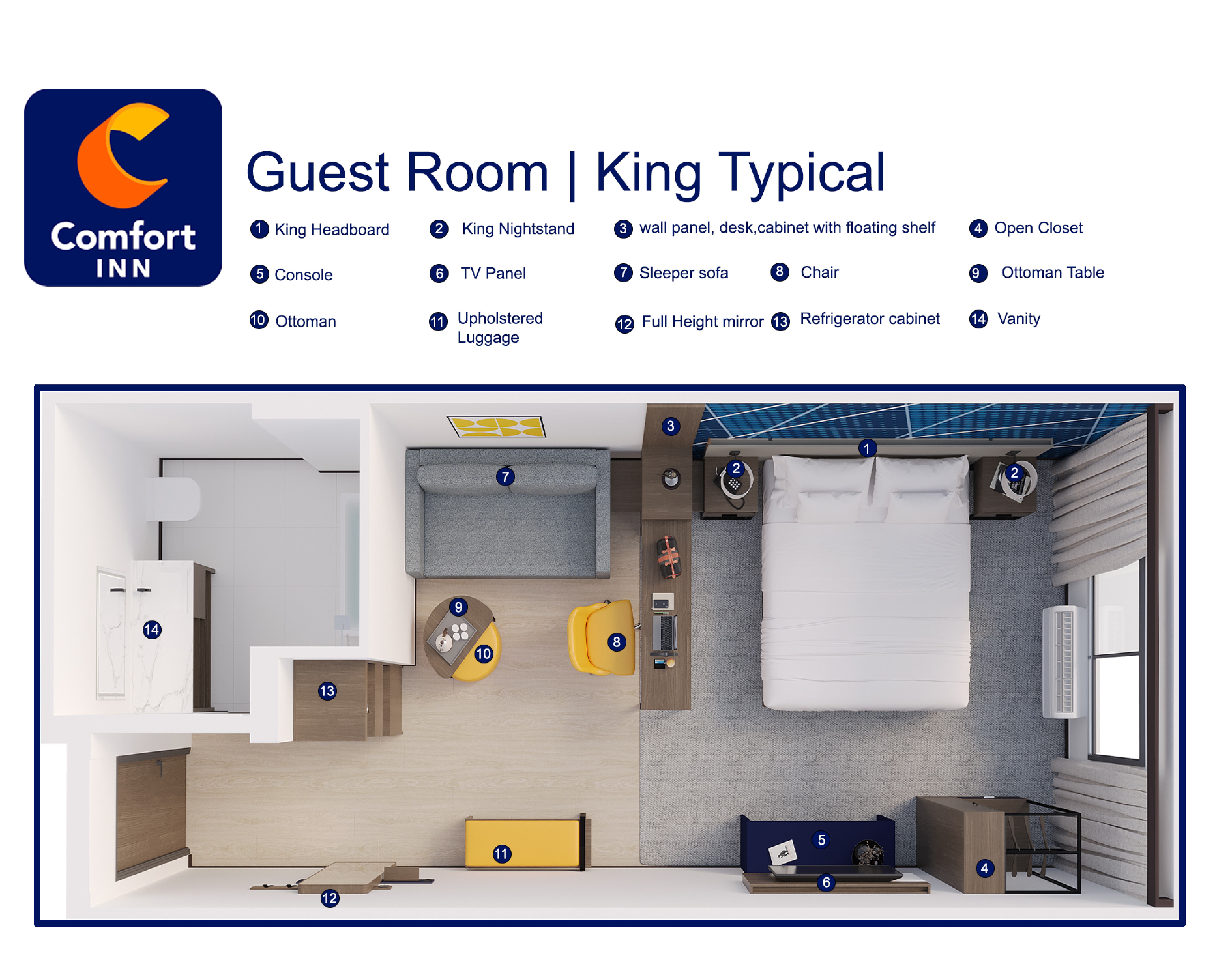 Guest room floor plan with numbered furniture legend