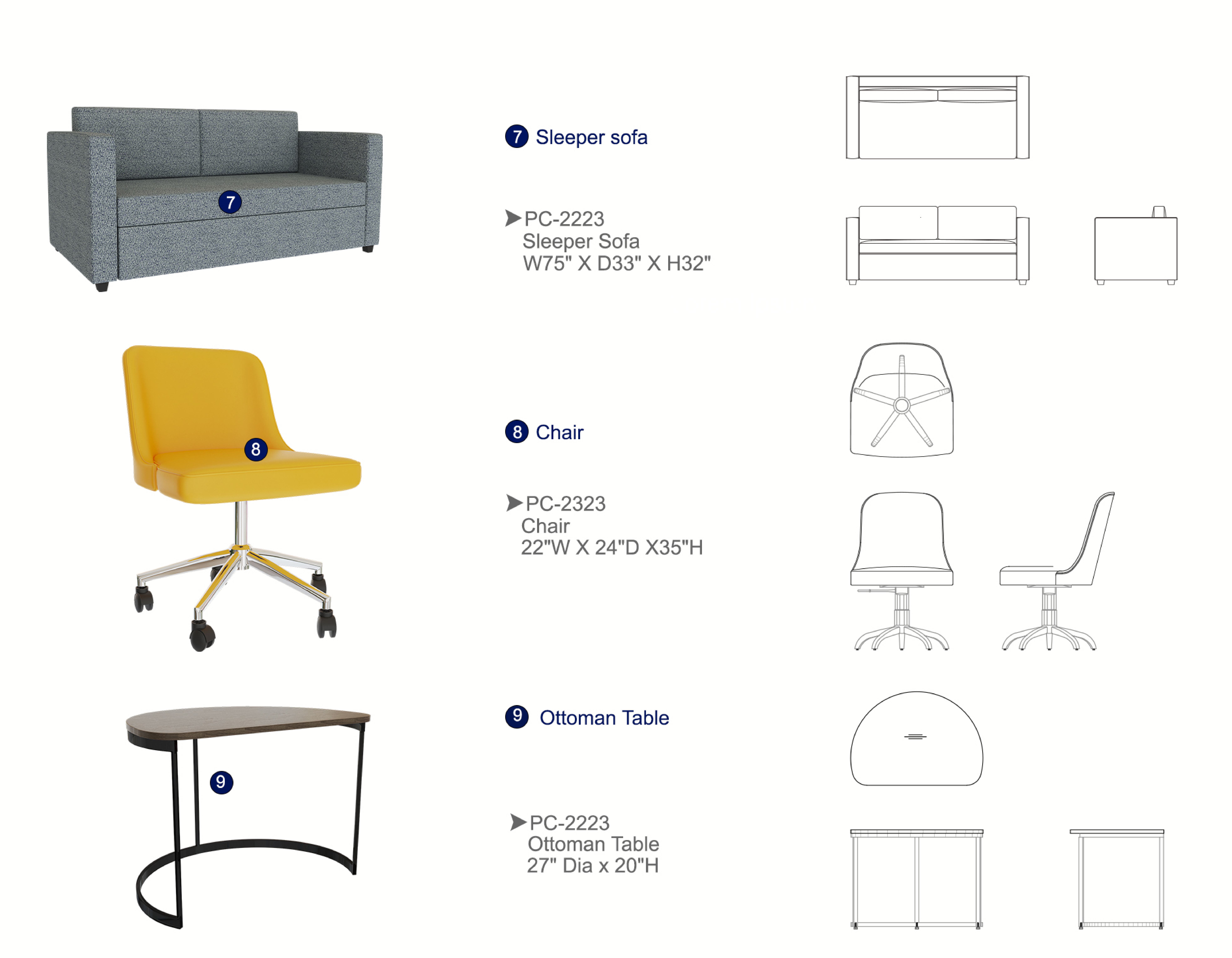 Furniture spec sheet: sleeper sofa, chair and ottoman table