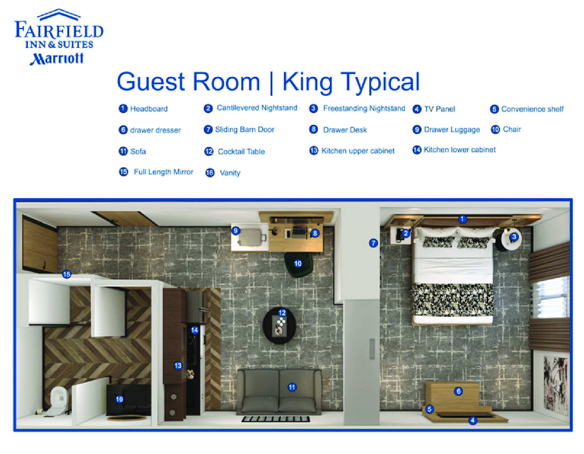 Guest room floor plan with numbered furniture legend