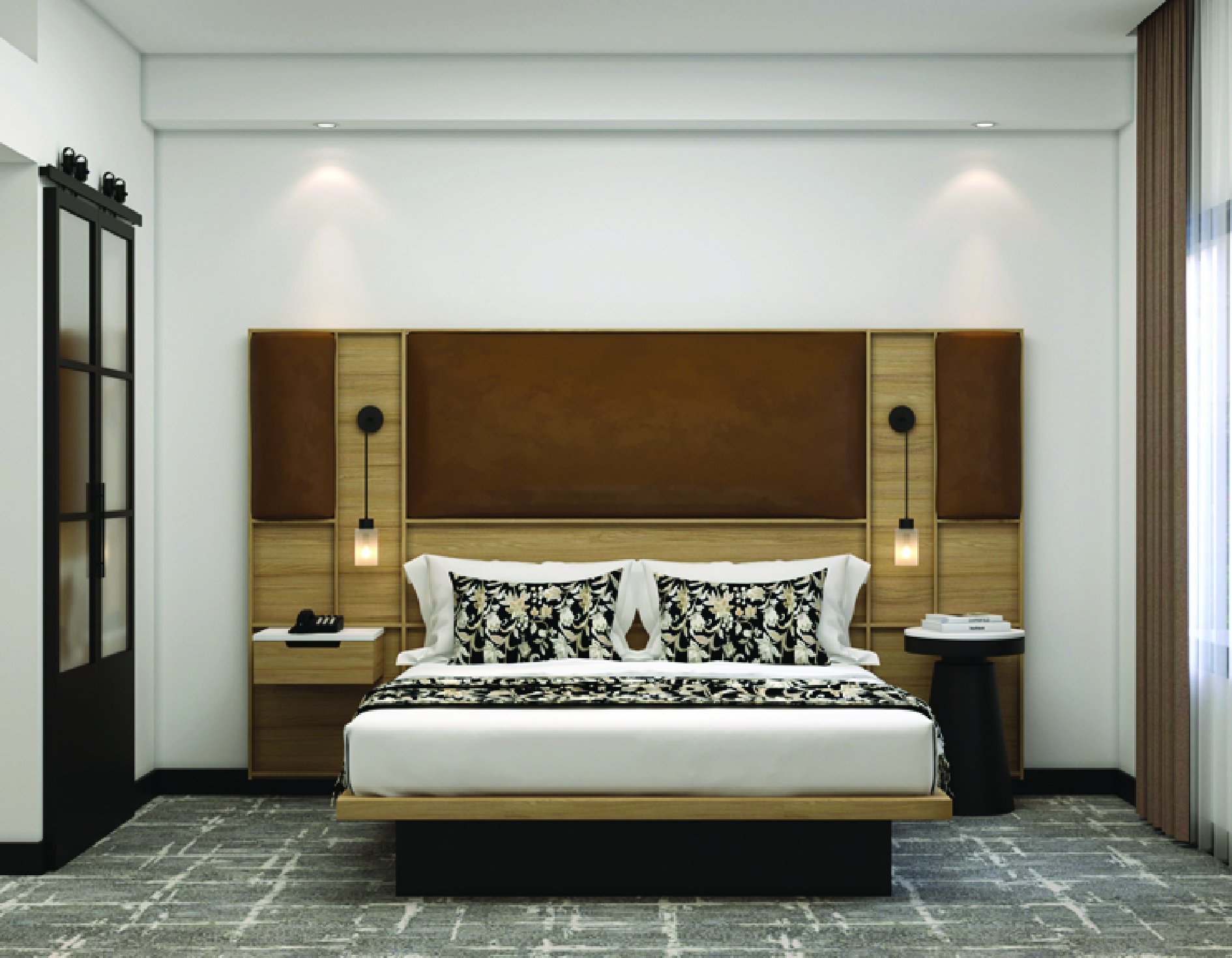Guest room king bed with leather and wood headboard, nightstands and wall sconces