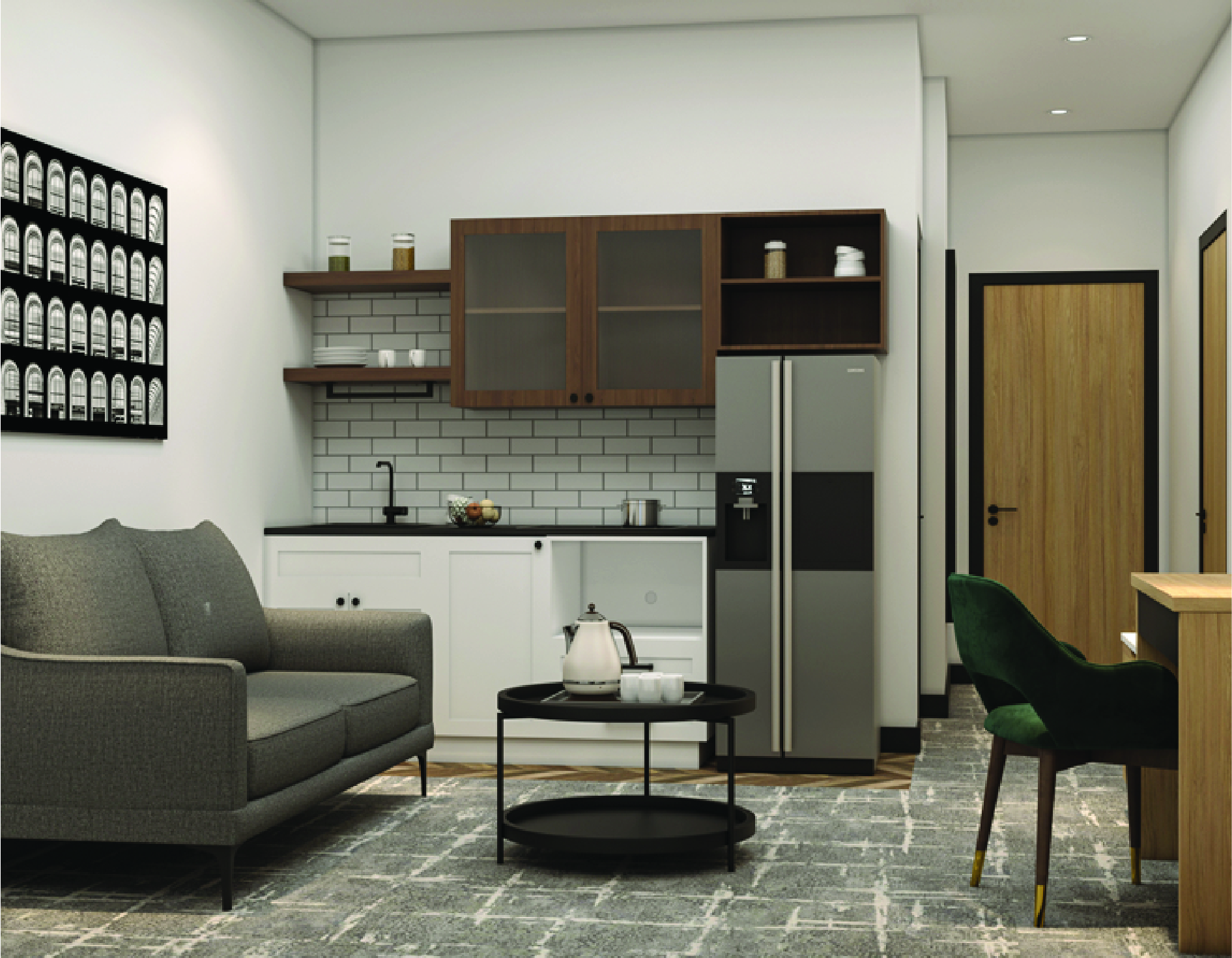 Guest room kitchenette with cabinetry, refrigerator, sofa and armchair