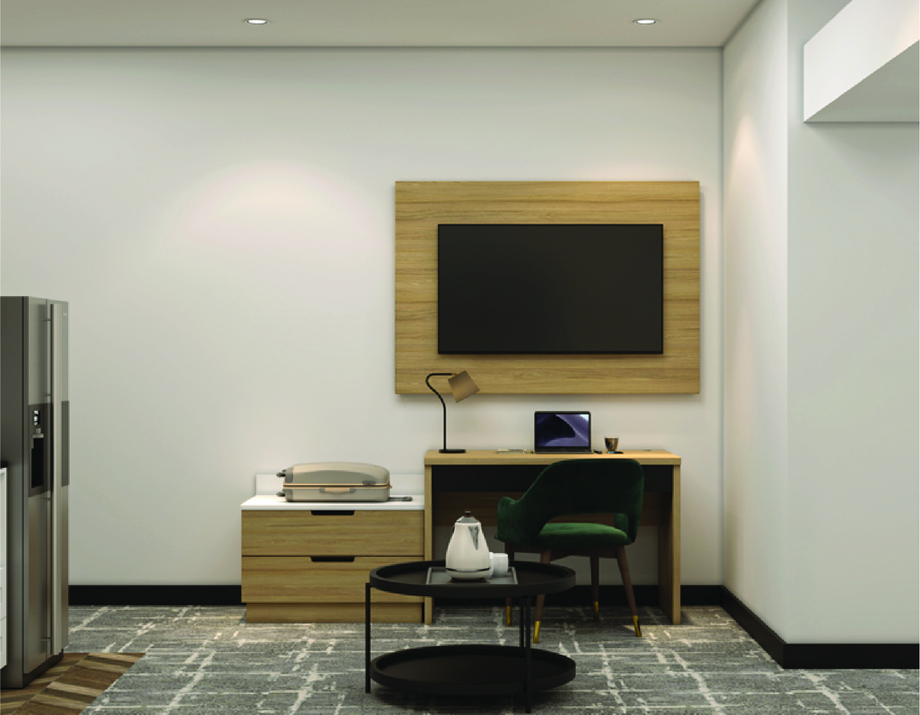 Guest room desk and TV panel with accent chair