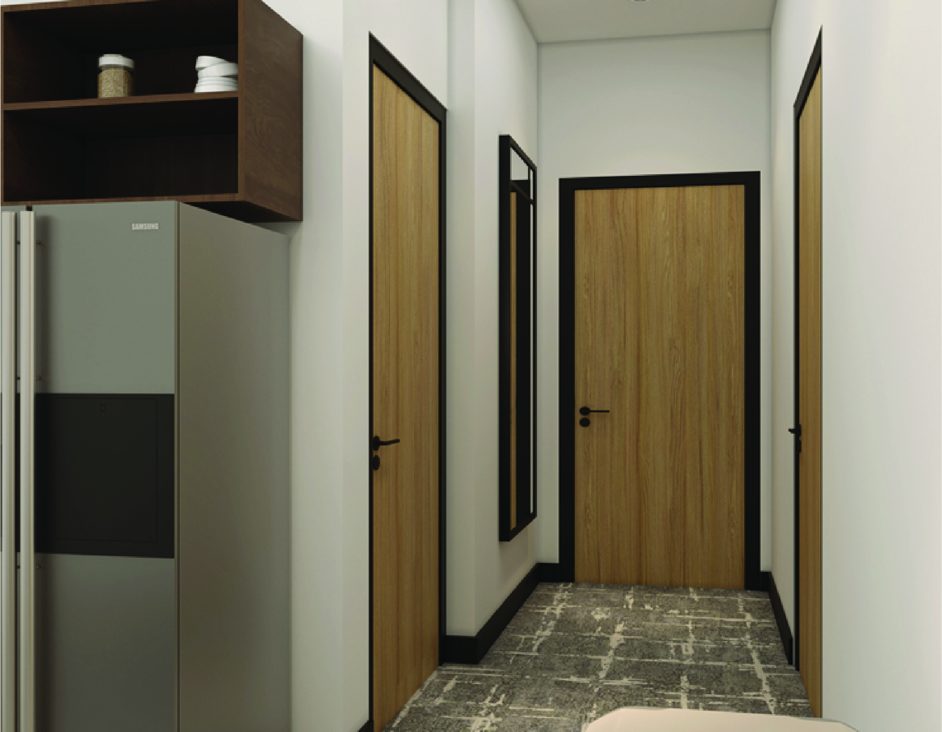 Guest room hallway with closet doors and mirror