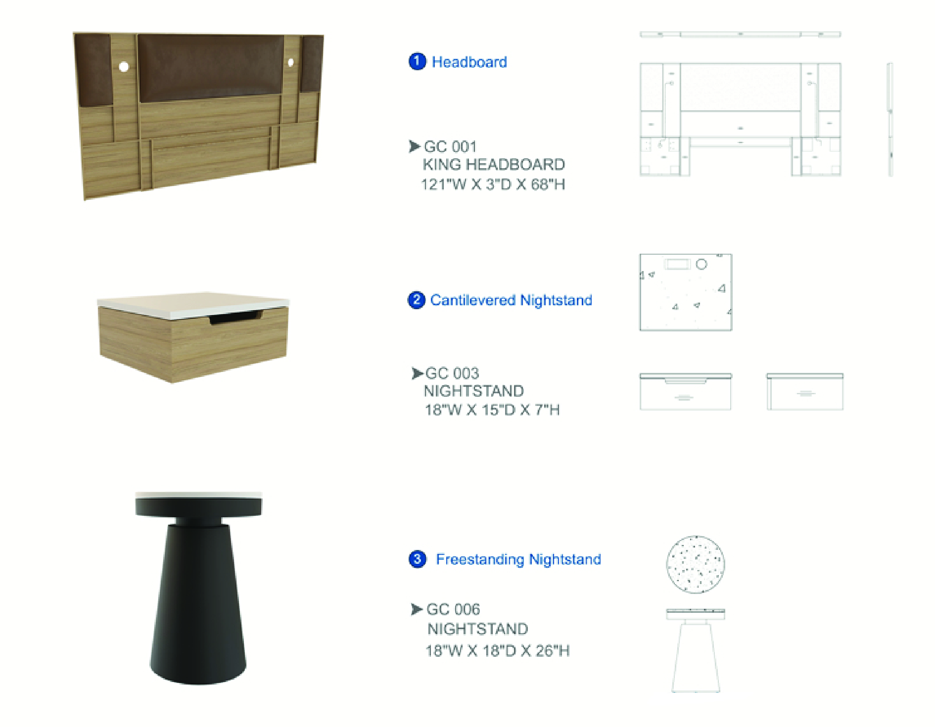 Furniture spec sheet: headboard, cantilevered nightstand and freestanding nightstand