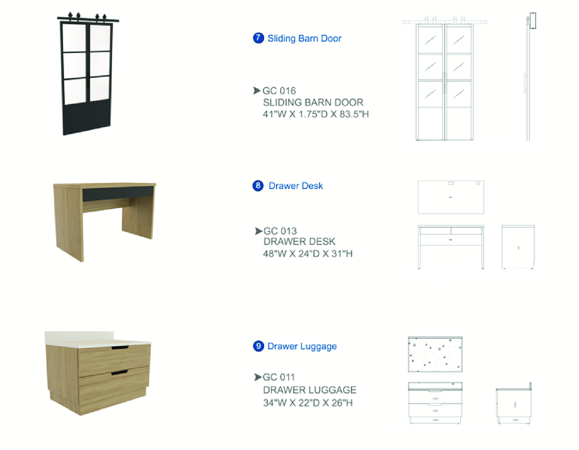 Furniture spec sheet: sliding barn door, drawer desk and drawer luggage bench