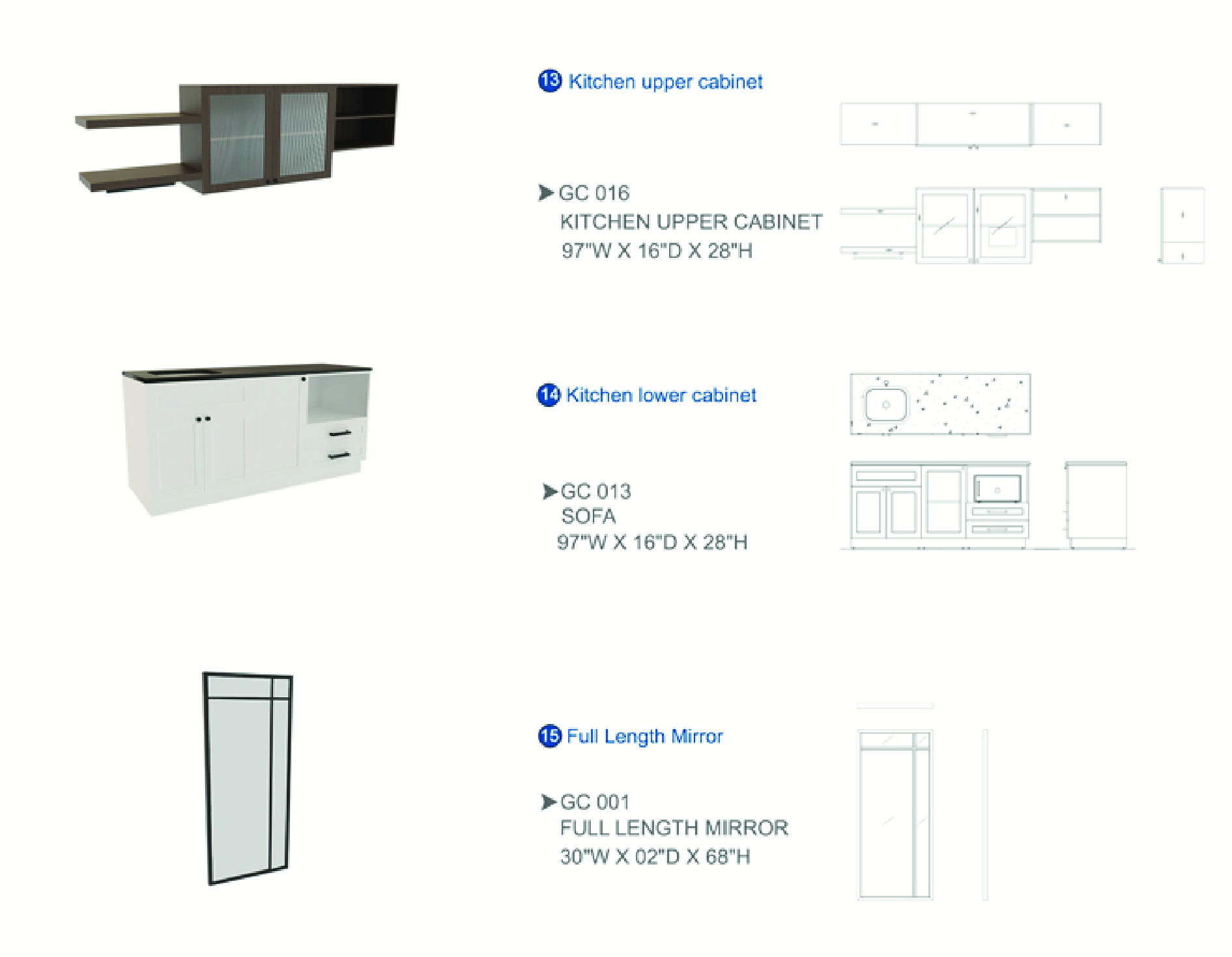 Furniture spec sheet: kitchen upper cabinet, kitchen lower cabinet and full length mirror