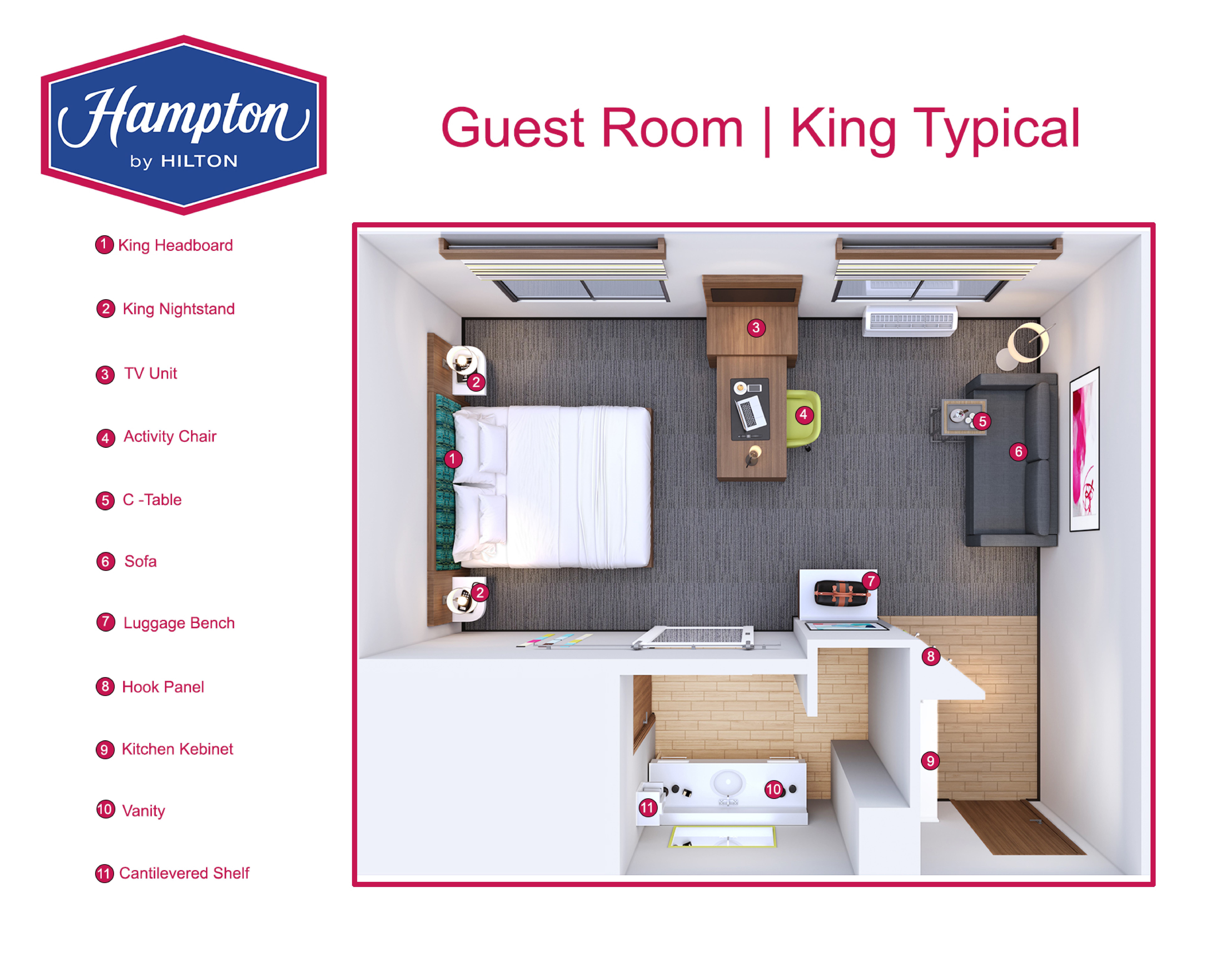 Guest room floor plan with numbered furniture legend