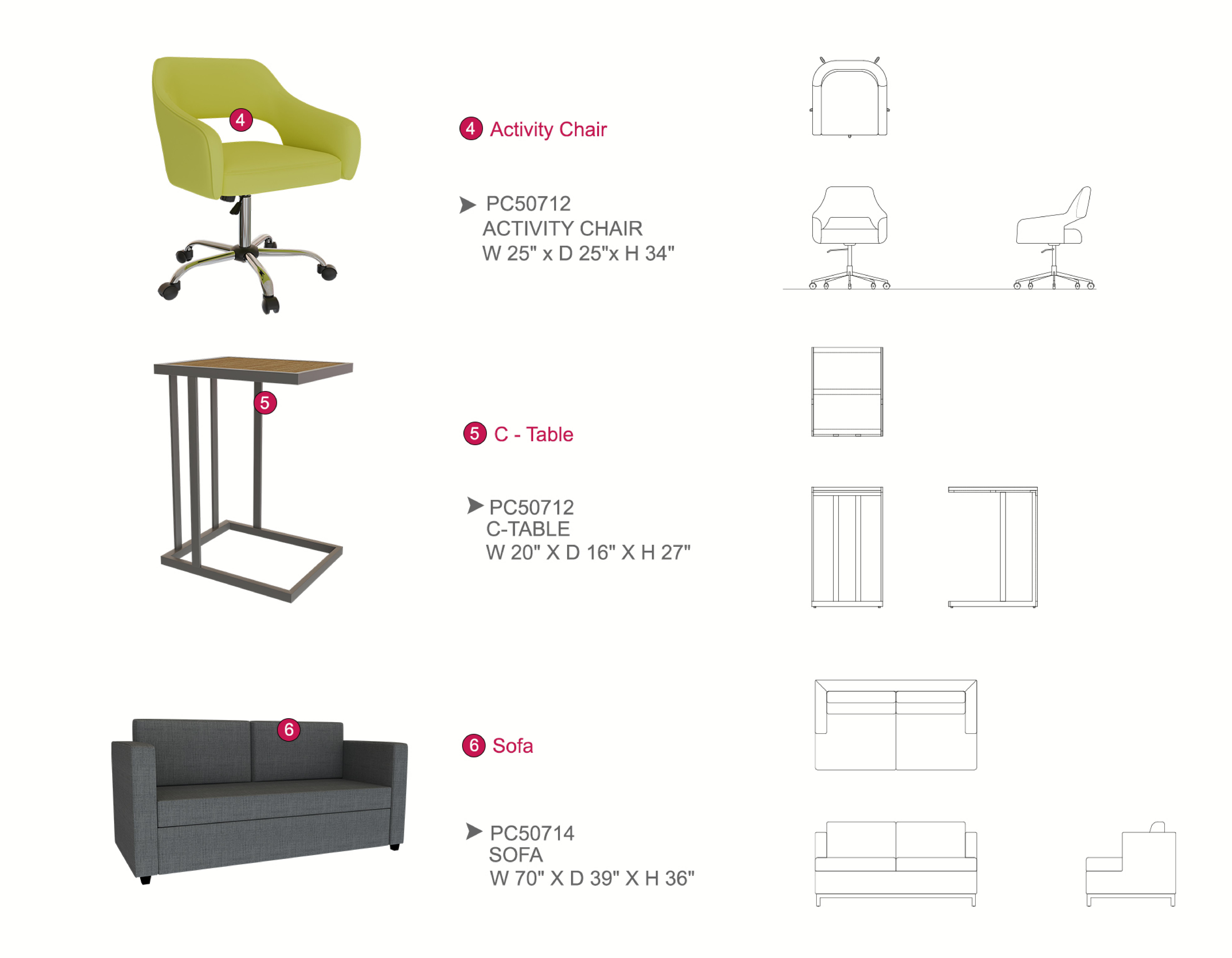 Furniture spec sheet: activity chair, C-table and sofa