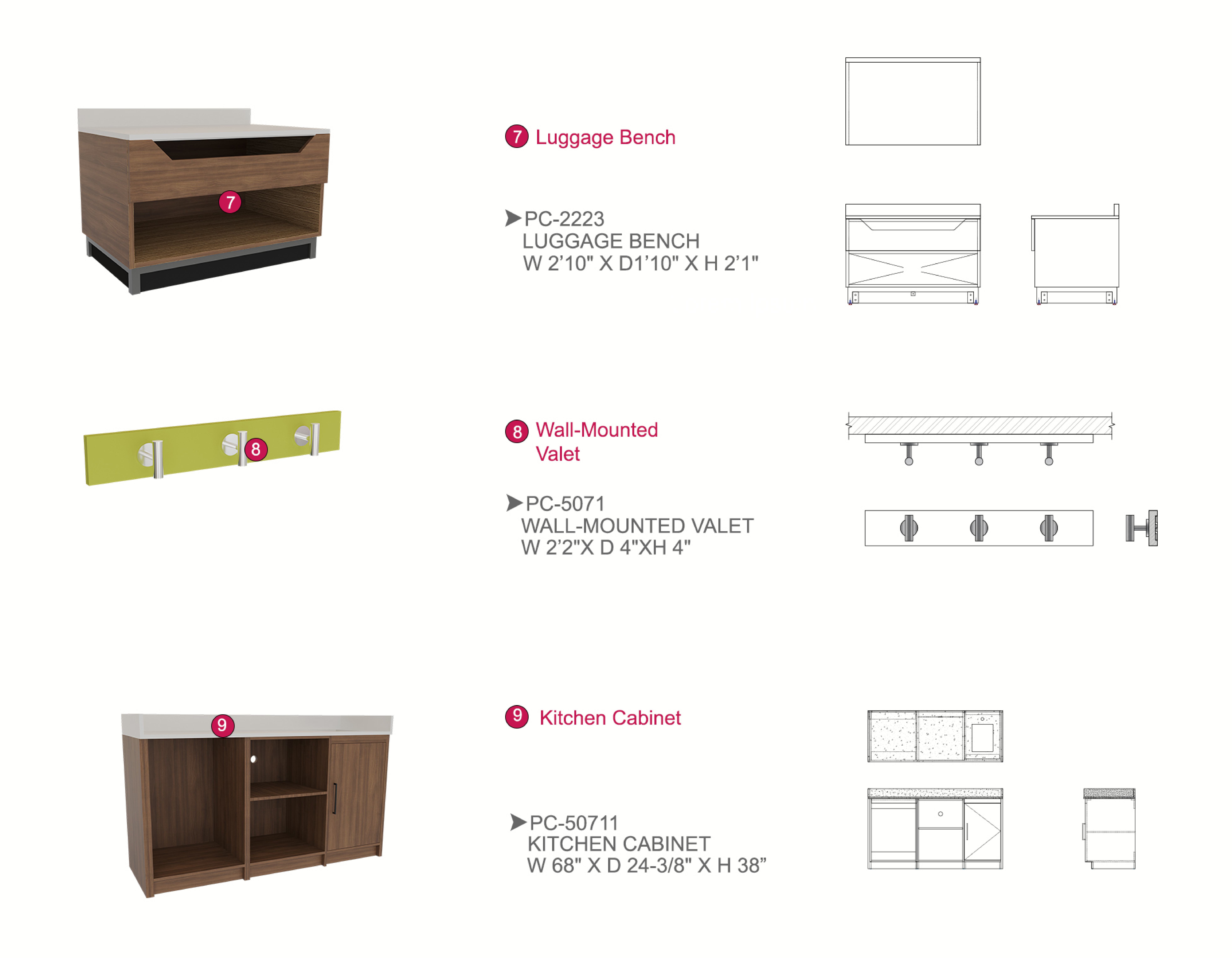 Furniture spec sheet: luggage bench, hook panel and kitchen cabinet