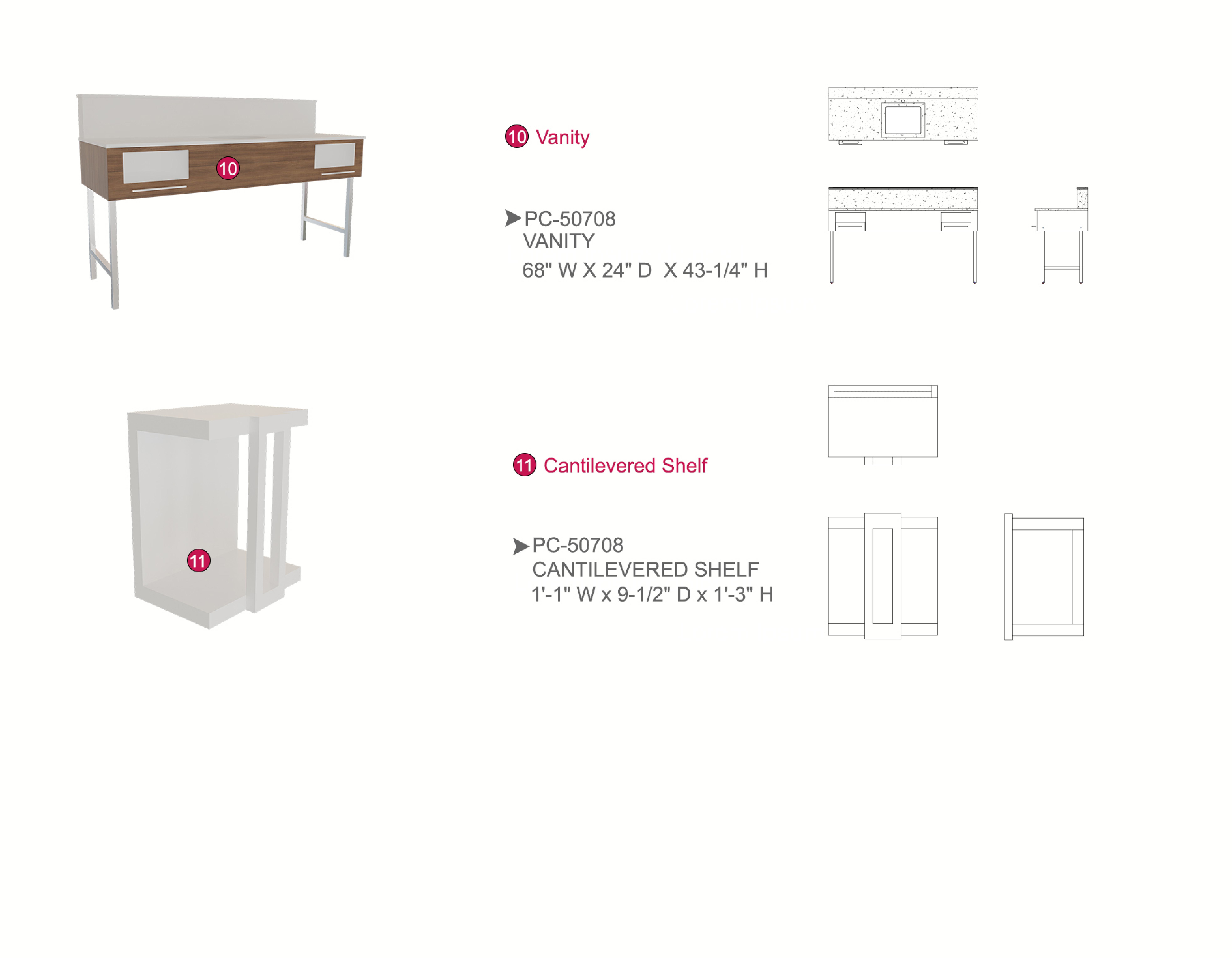 Furniture spec sheet: vanity and cantilevered shelf