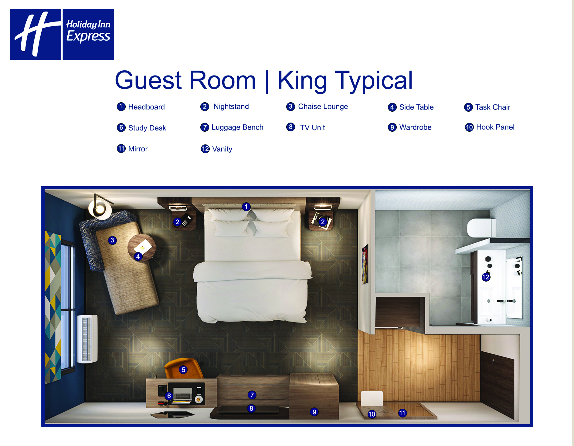 Guest room floor plan with numbered furniture legend