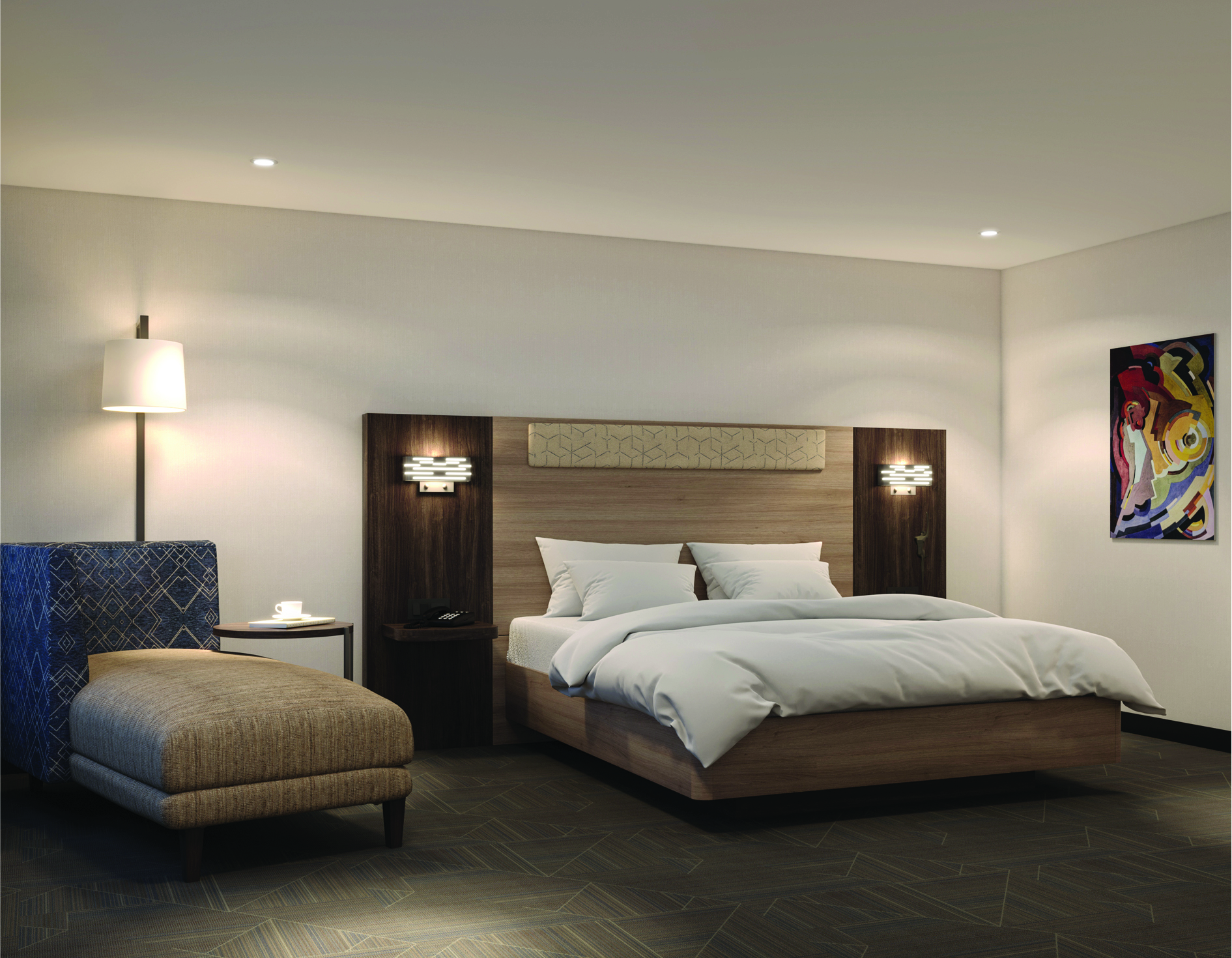 Guest room with wood headboard, wall sconces and blue chaise lounge