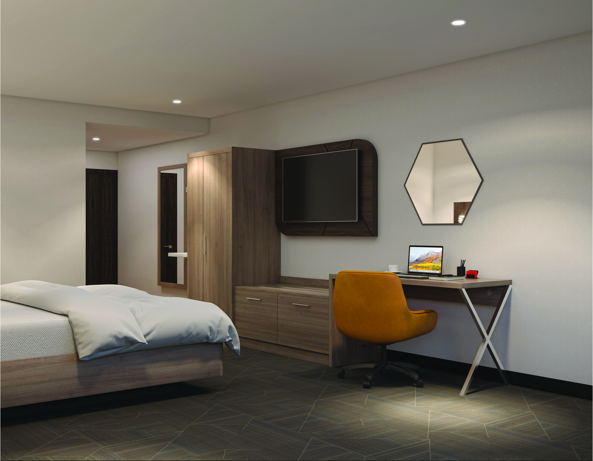 Holiday Inn Express guest room furnished with bed, wardrobe, TV console and desk