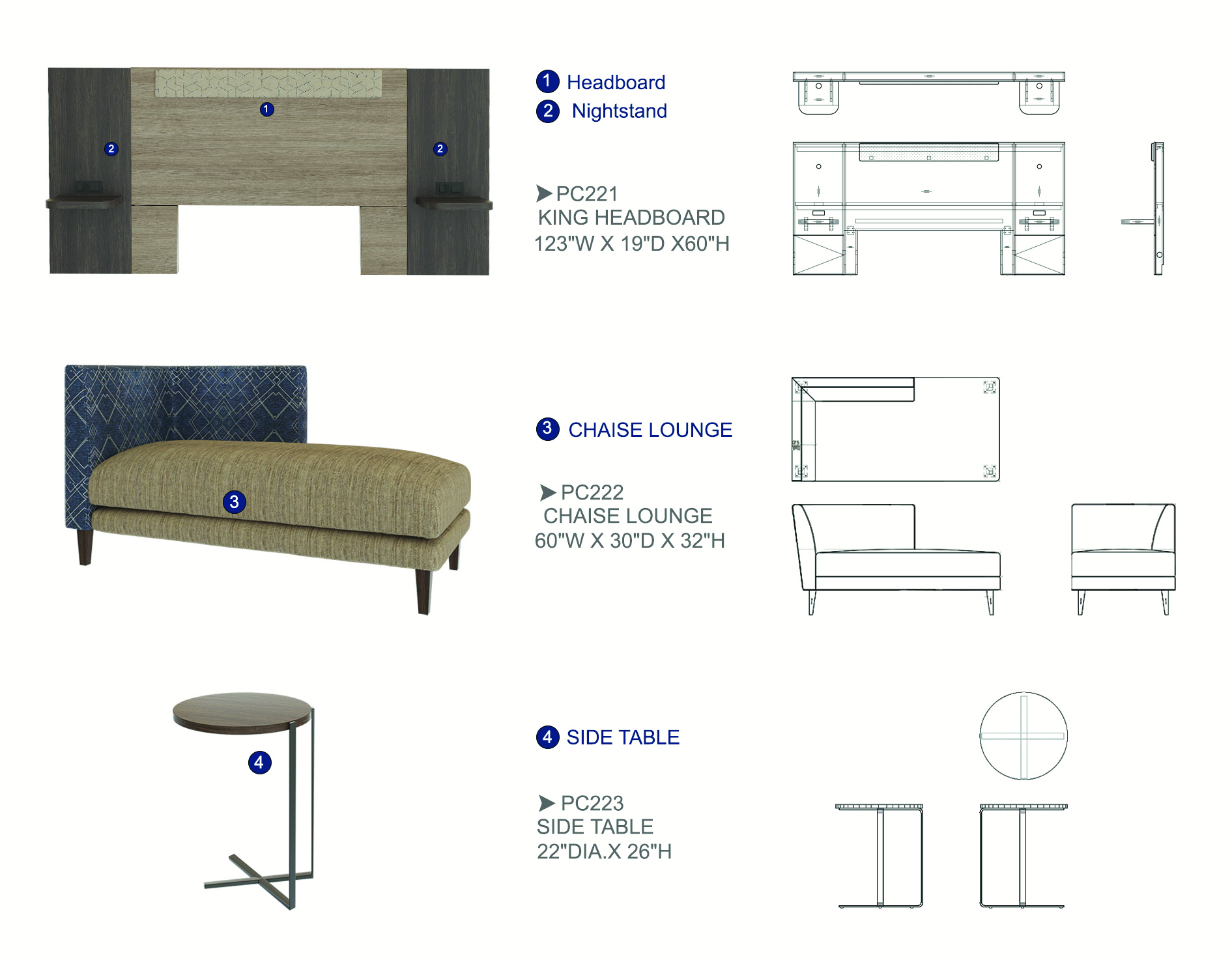 Furniture spec sheet: headboard, nightstand, chaise lounge and side table