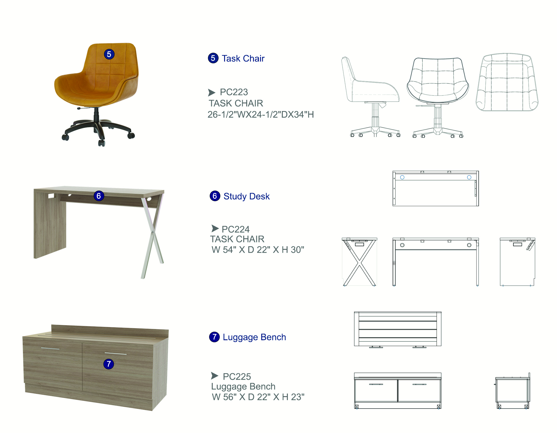 Furniture spec sheet: task chair, study desk and luggage bench