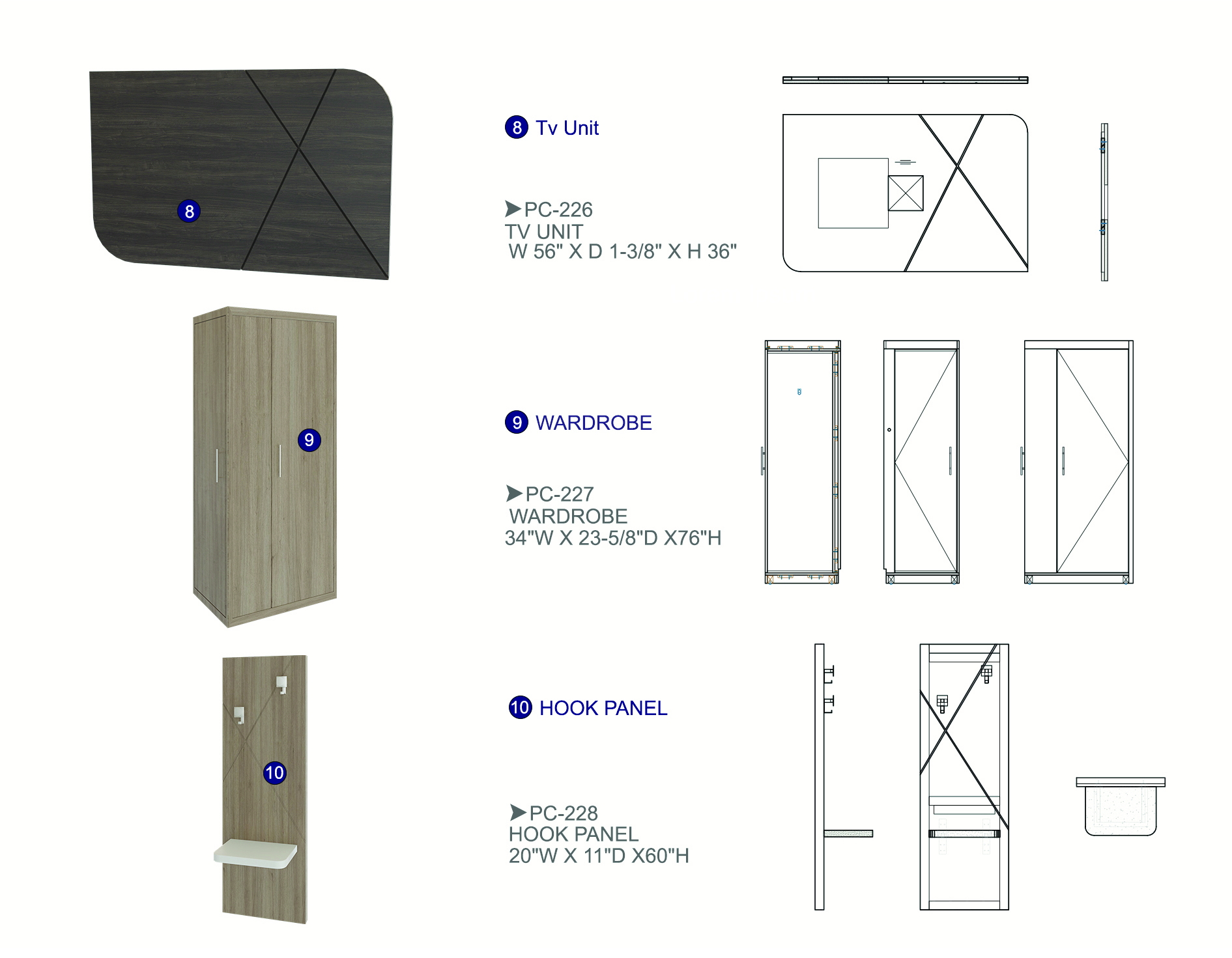 Furniture spec sheet: TV unit, wardrobe and hook panel
