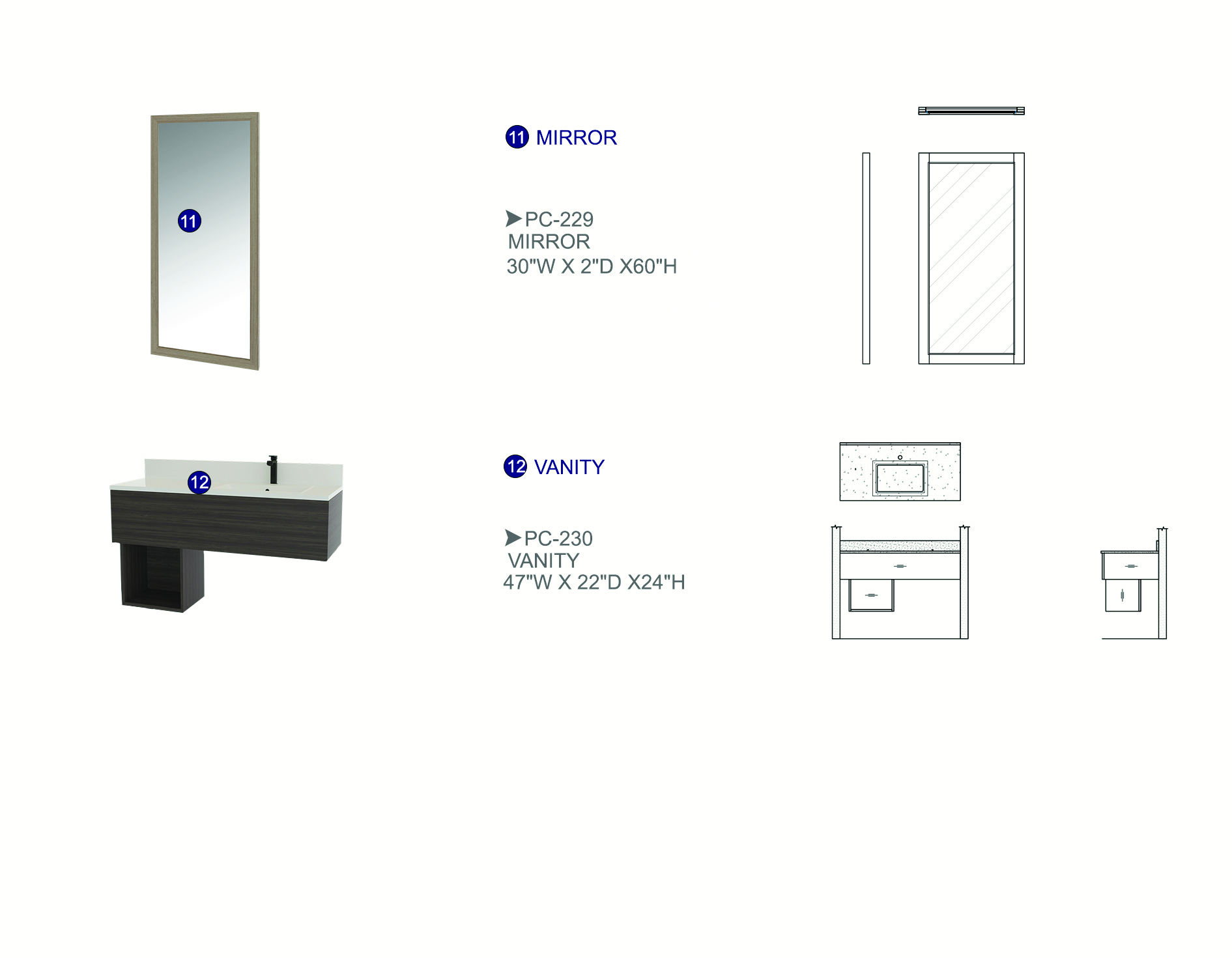 Furniture spec sheet: mirror and vanity