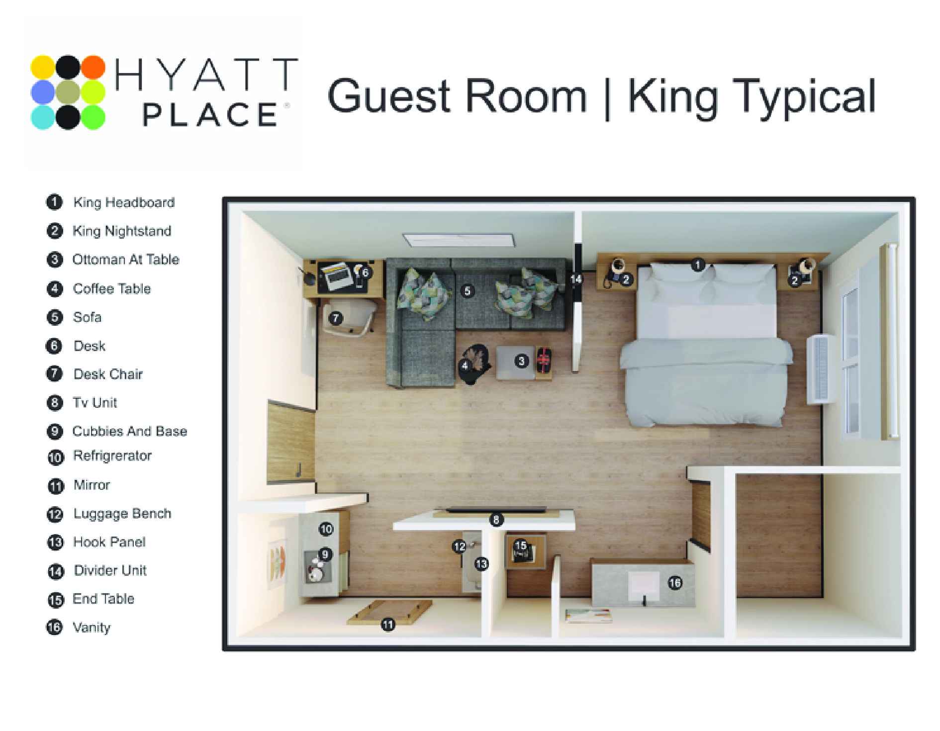 Hyatt Place King Typical guest room floor plan with numbered furniture legend