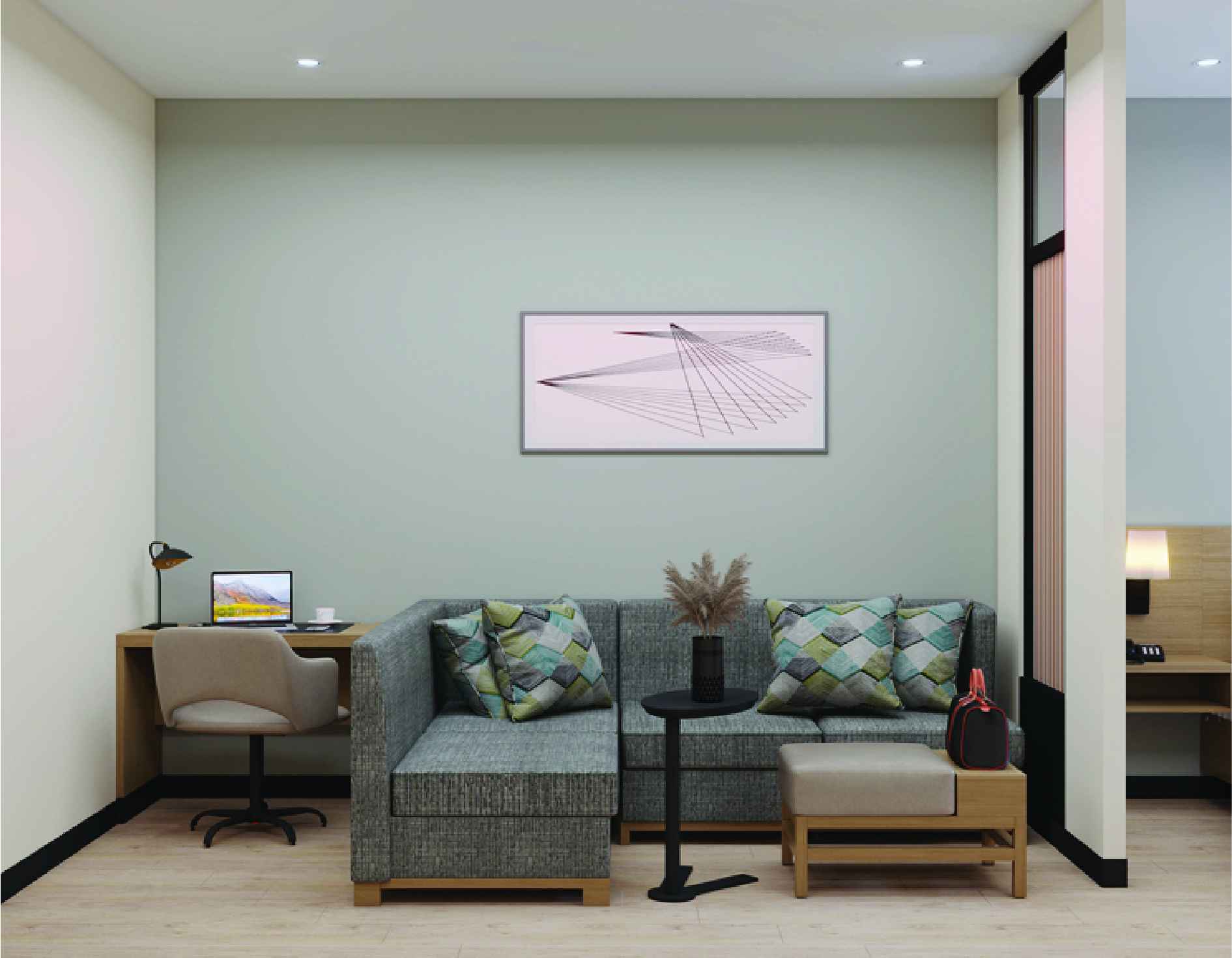 Hyatt Place guest room sofa and desk seating nook