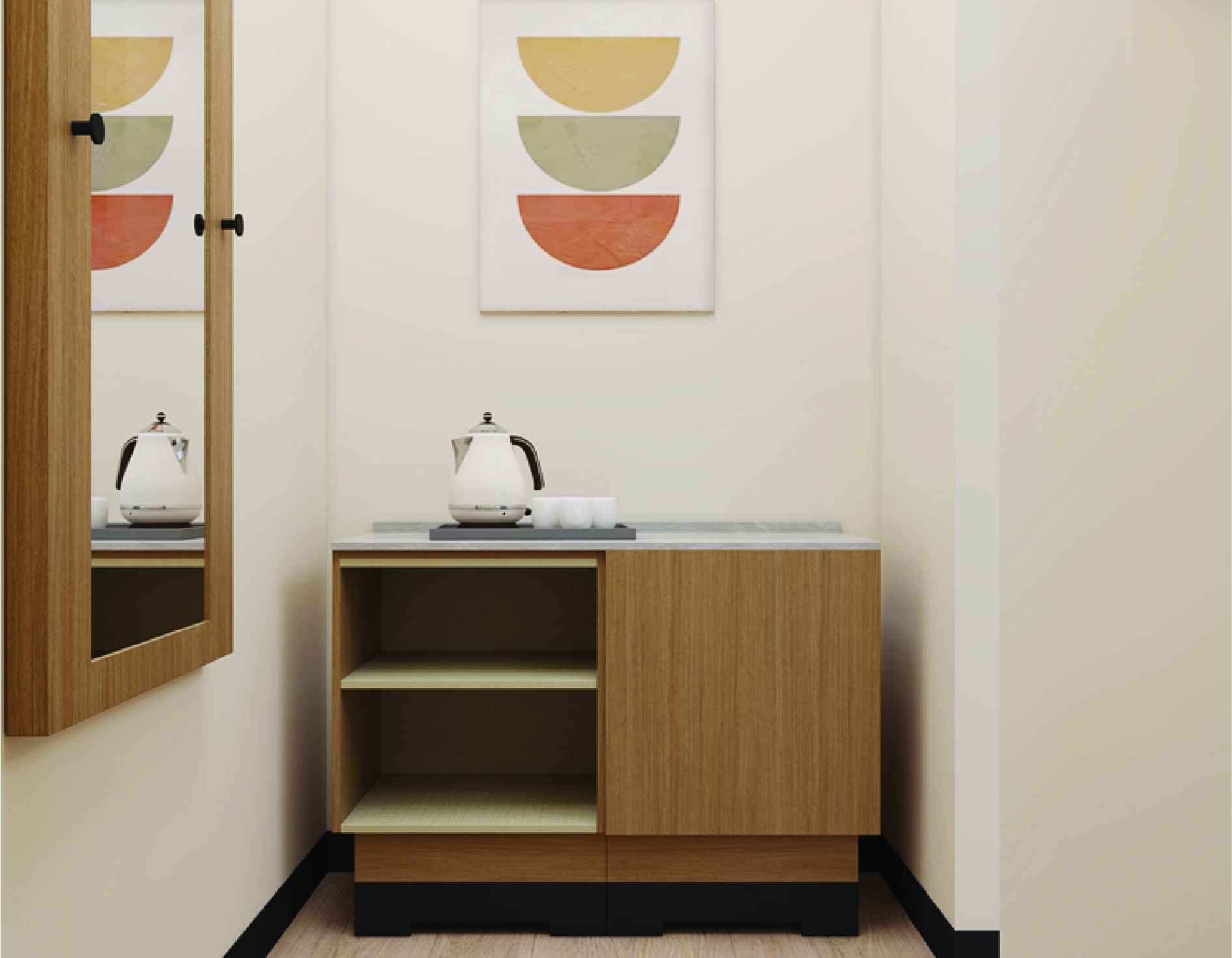 Hyatt Place guest room credenza with in-room kettle and wall art