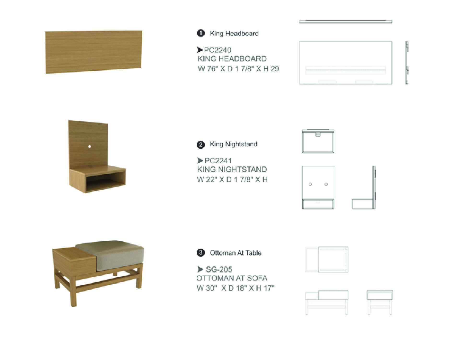 Furniture spec sheet: king headboard, king nightstand and ottoman at table