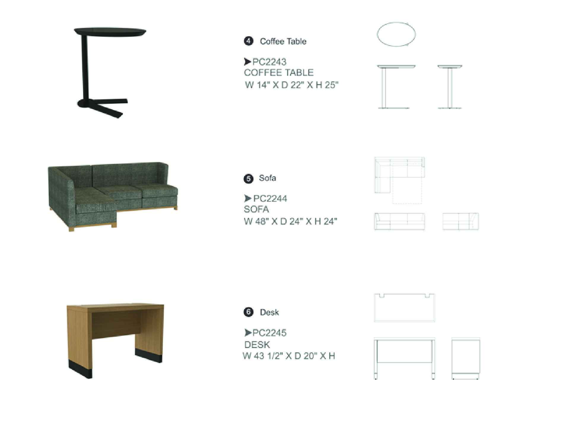 Furniture spec sheet: coffee table, sofa and desk