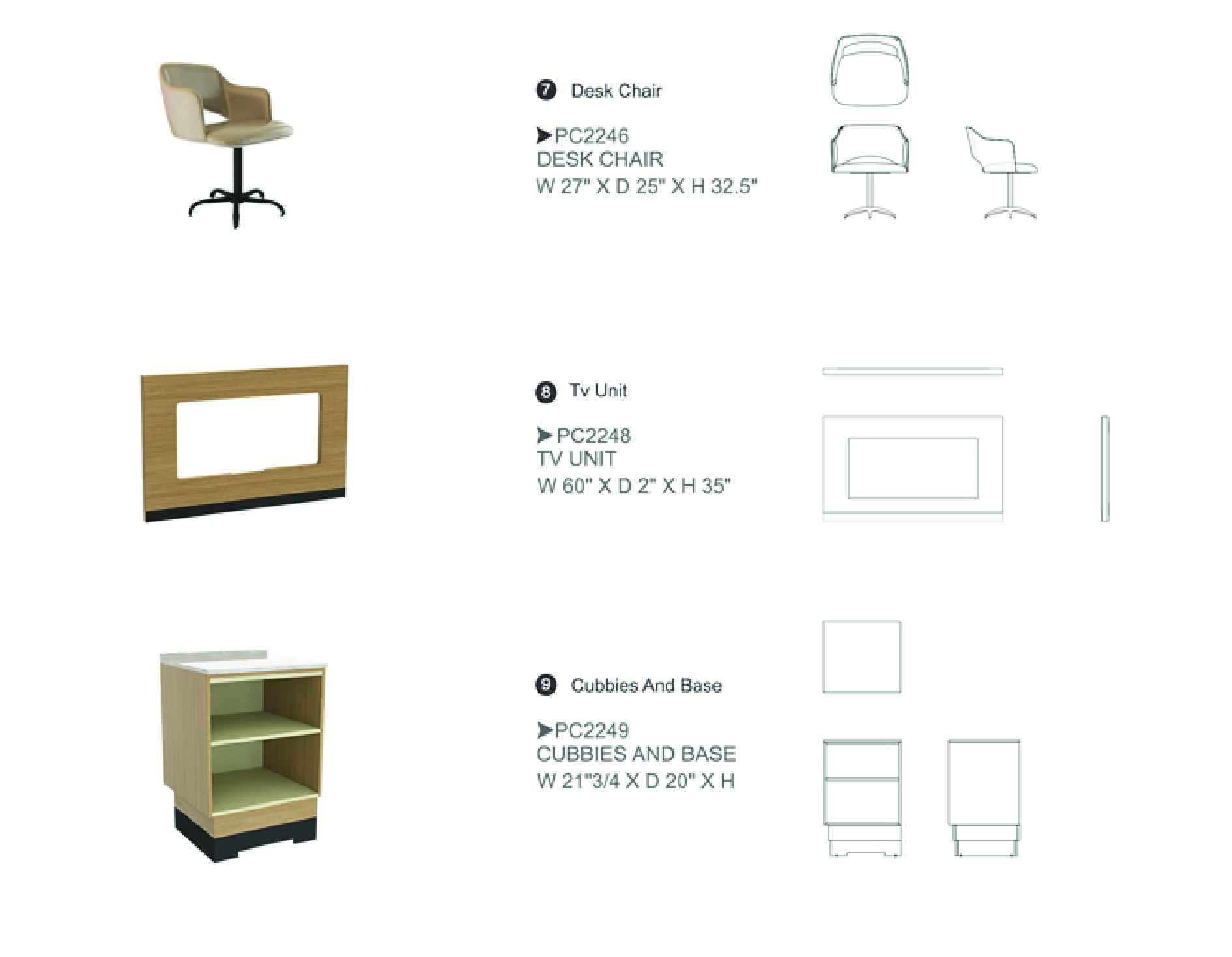 Furniture spec sheet: desk chair, TV unit and cubbies with base
