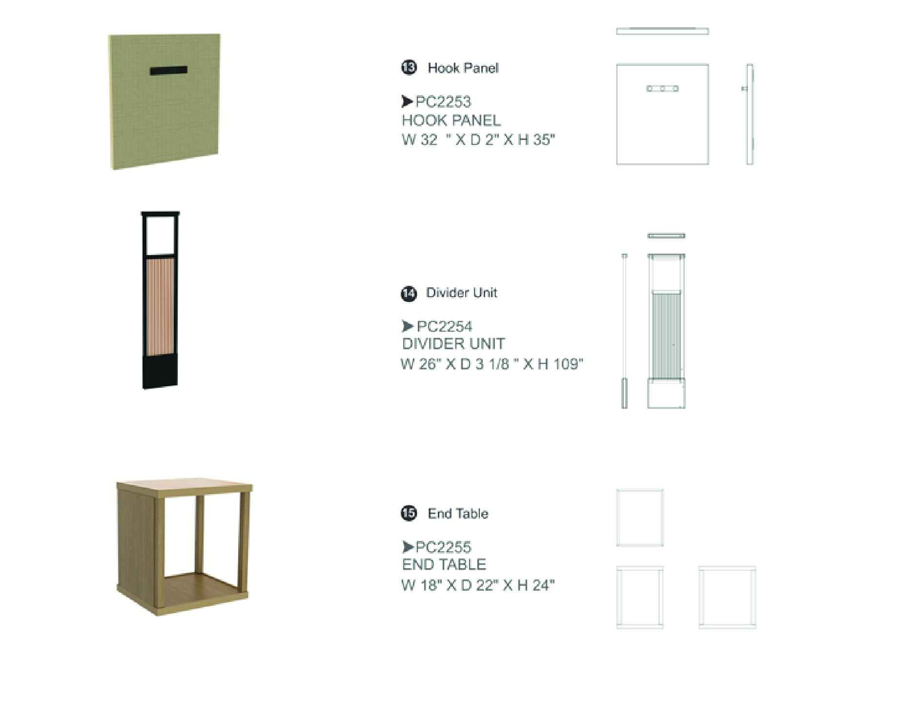 Furniture spec sheet: hook panel, divider unit and end table
