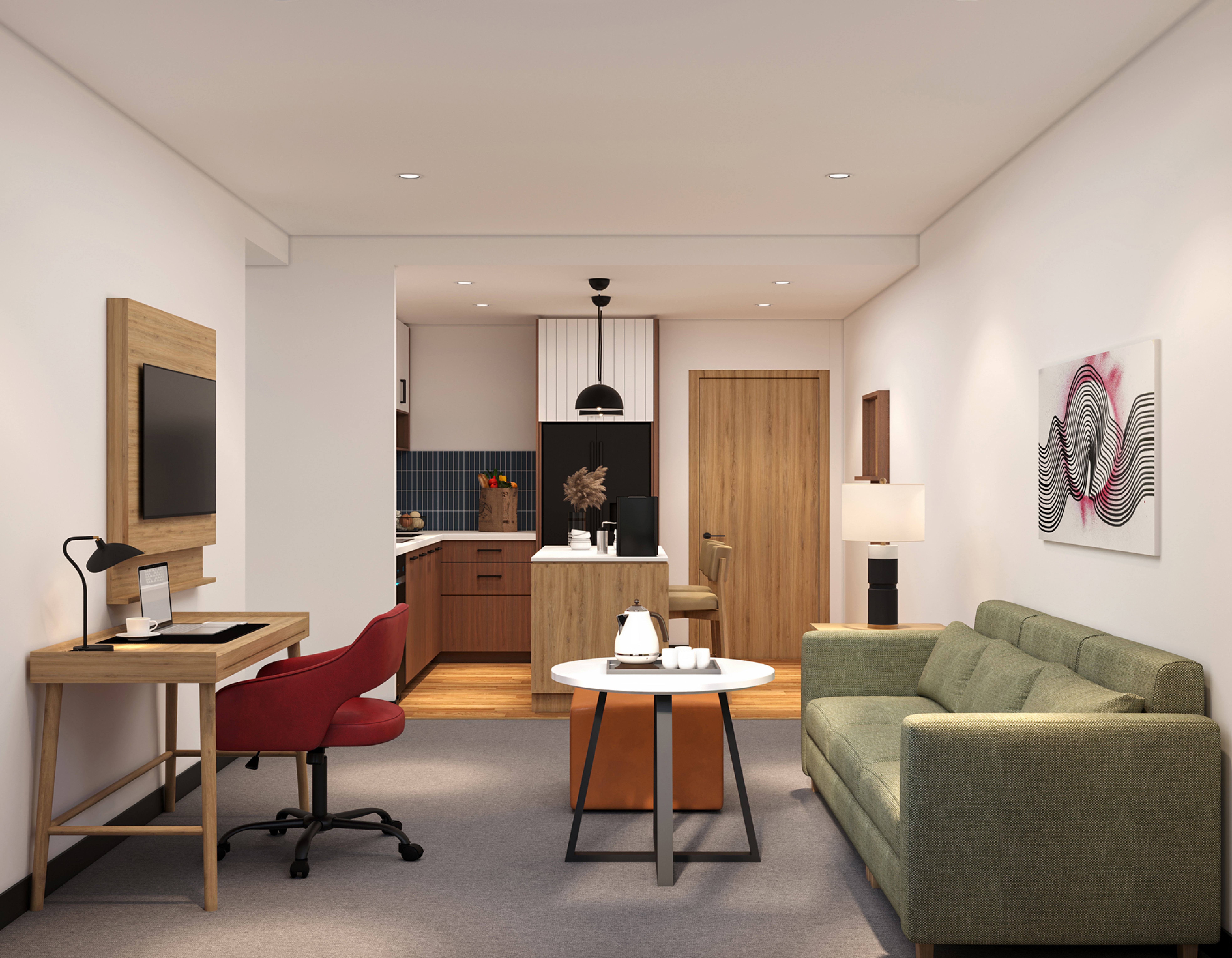 Living and kitchen area with dining table and pendant lighting