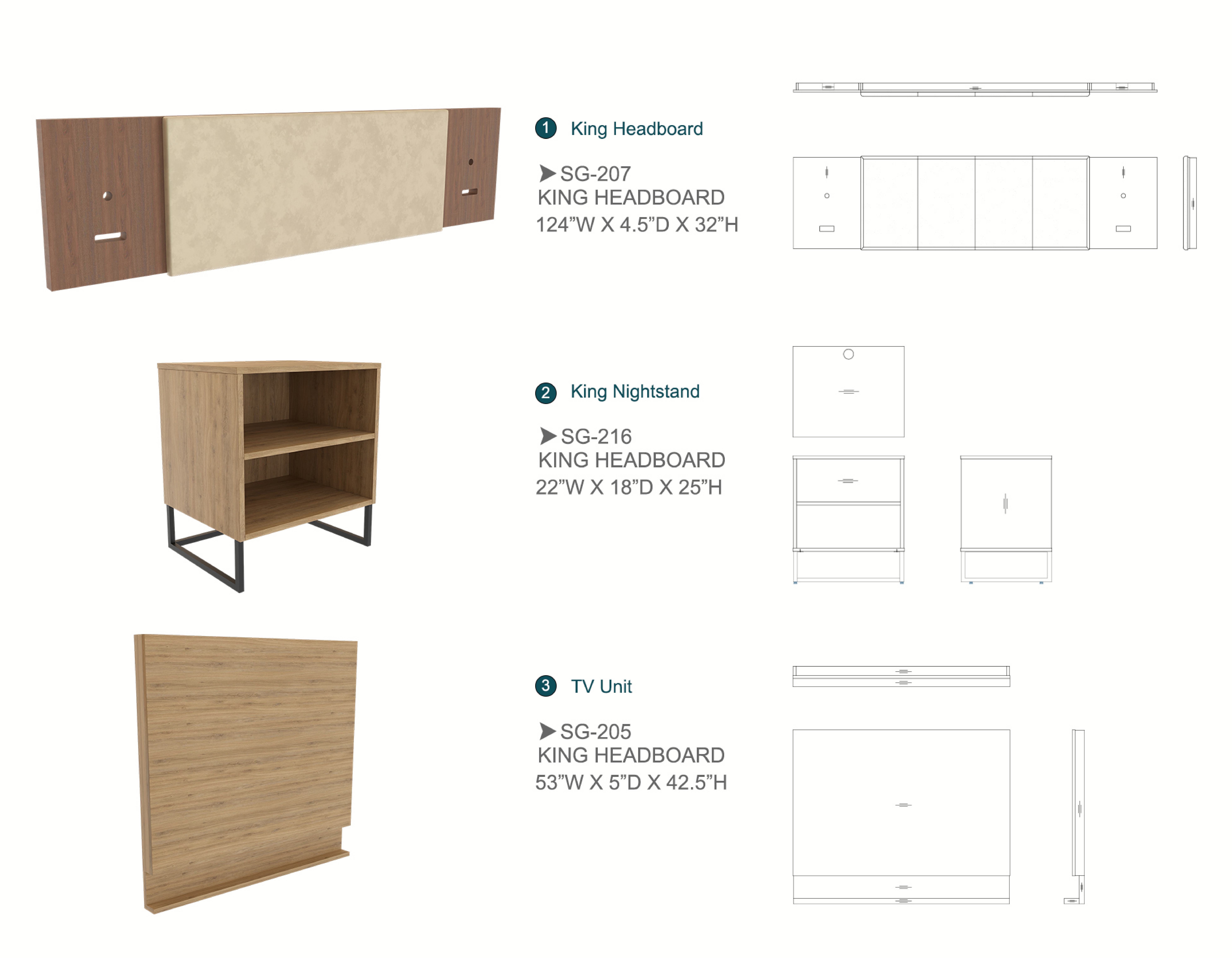 Furniture spec sheet: king headboard, king nightstand and TV unit