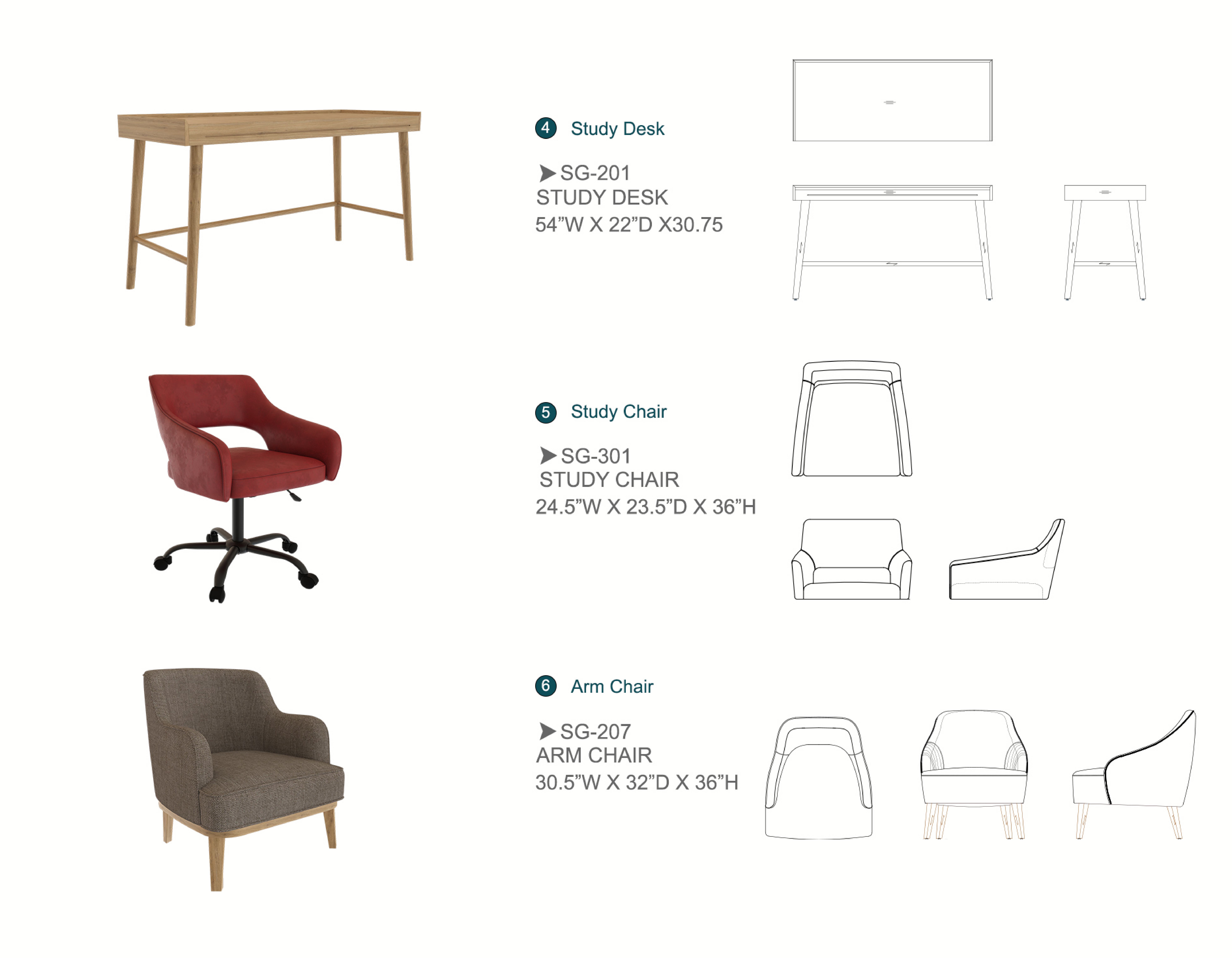 Furniture spec sheet: study desk, study chair and arm chair