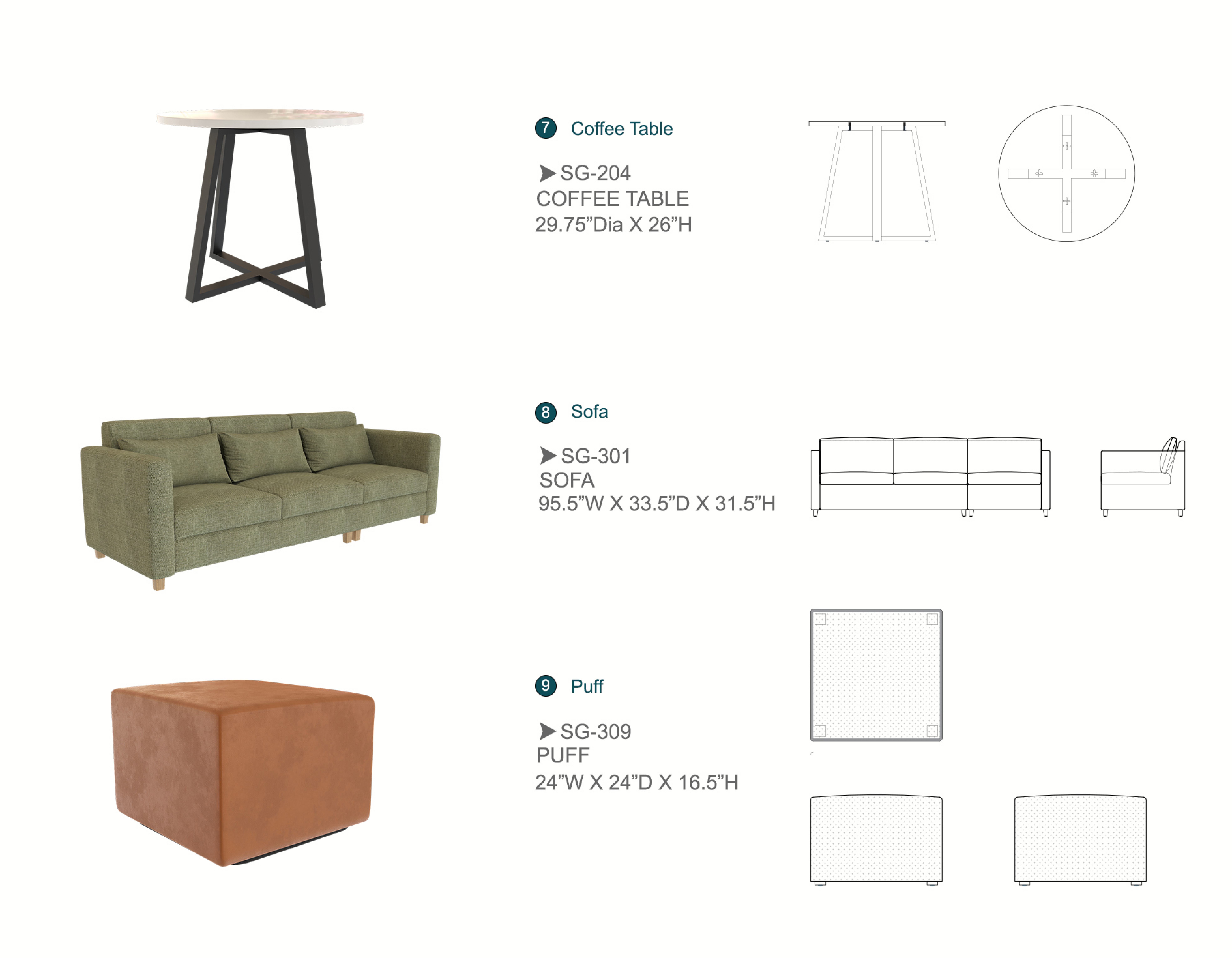 Furniture spec sheet: coffee table, sofa and puff