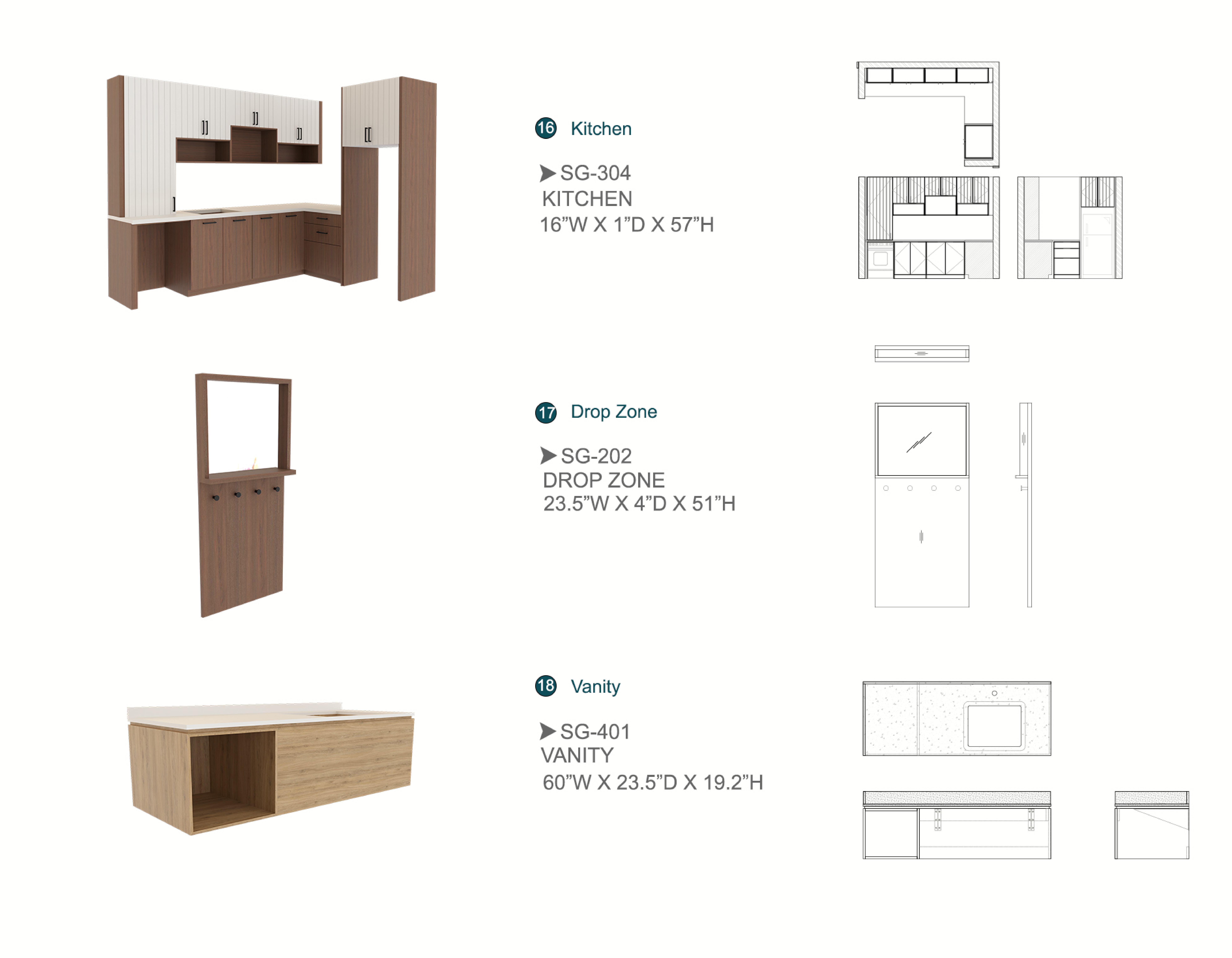 Furniture spec sheet: kitchen, drop zone and vanity